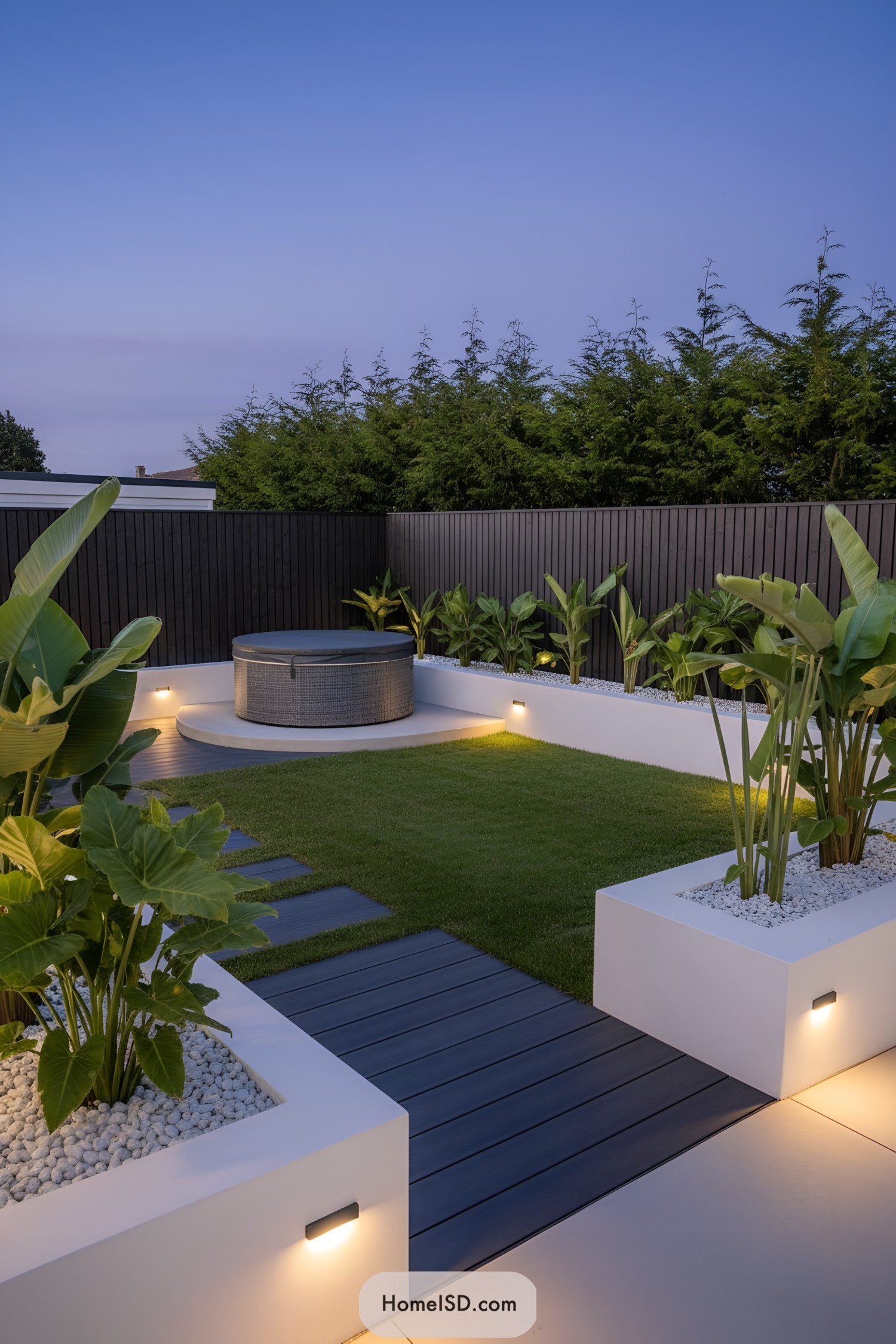 Modern backyard with hot tub and planters
