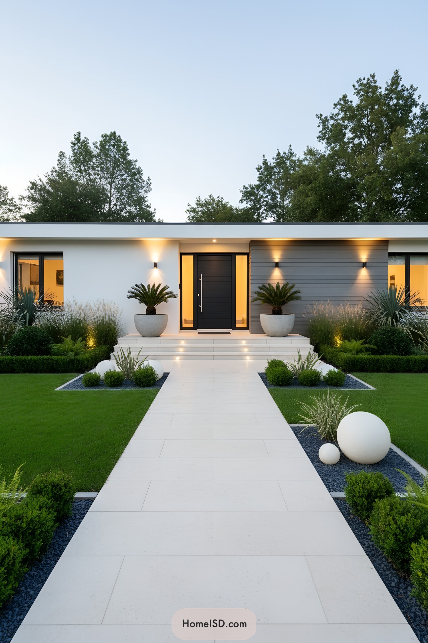 Modern bungalow front yard with wide white path, clipped lawn, and sculpted plant beds at dusk