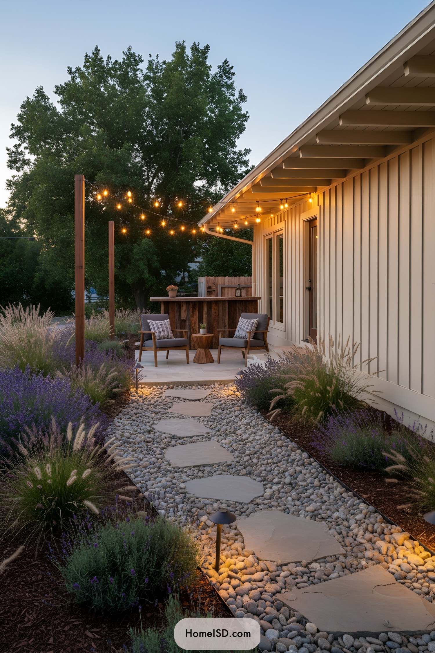 Modern bungalow patio with pebble path, lounge seating, and string lights at dusk