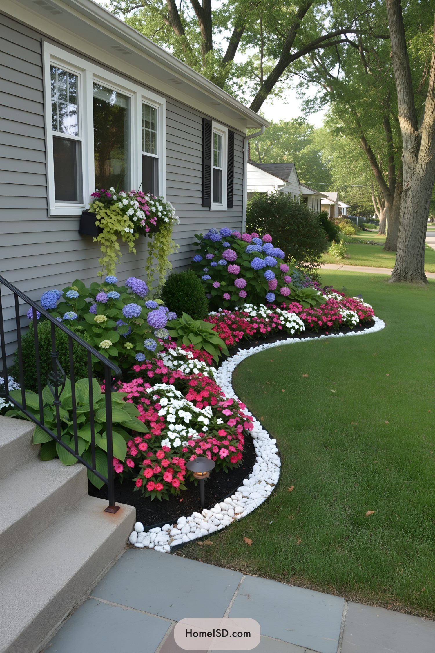 Curved bungalow flower bed with bright hydrangeas and edging stones