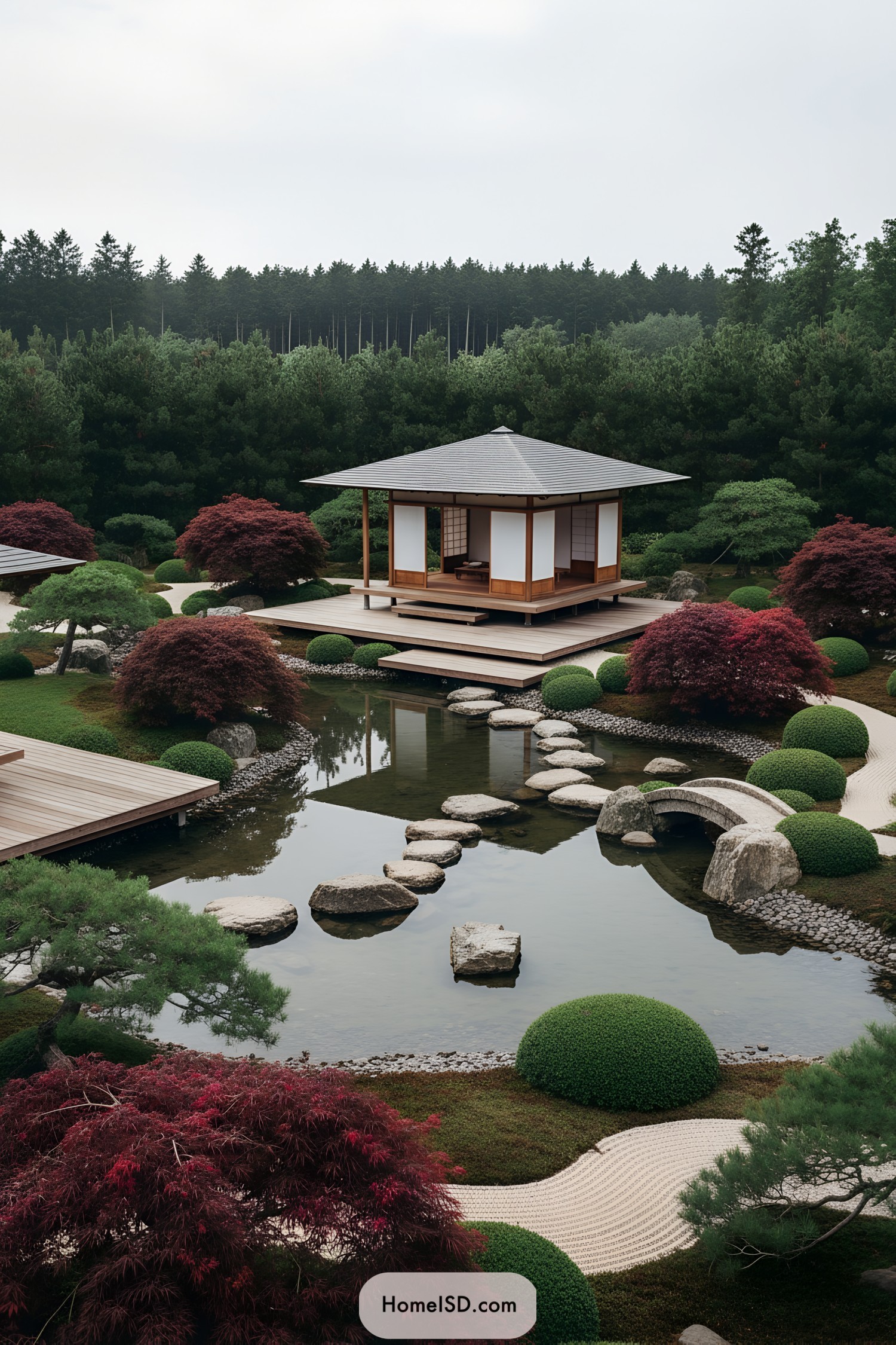 Modern Japanese-style pavilion over pond with manicured zen garden and stepping stones