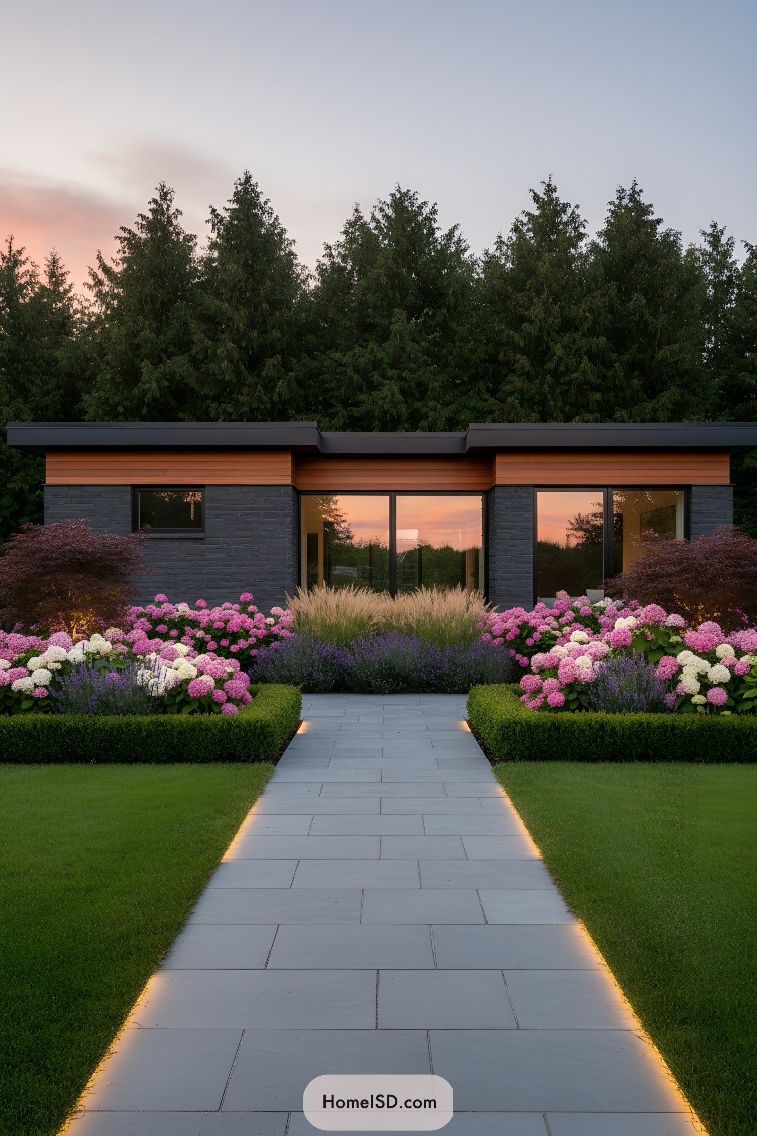 Modern bungalow with lit stone walkway bordered by hydrangeas and boxwood