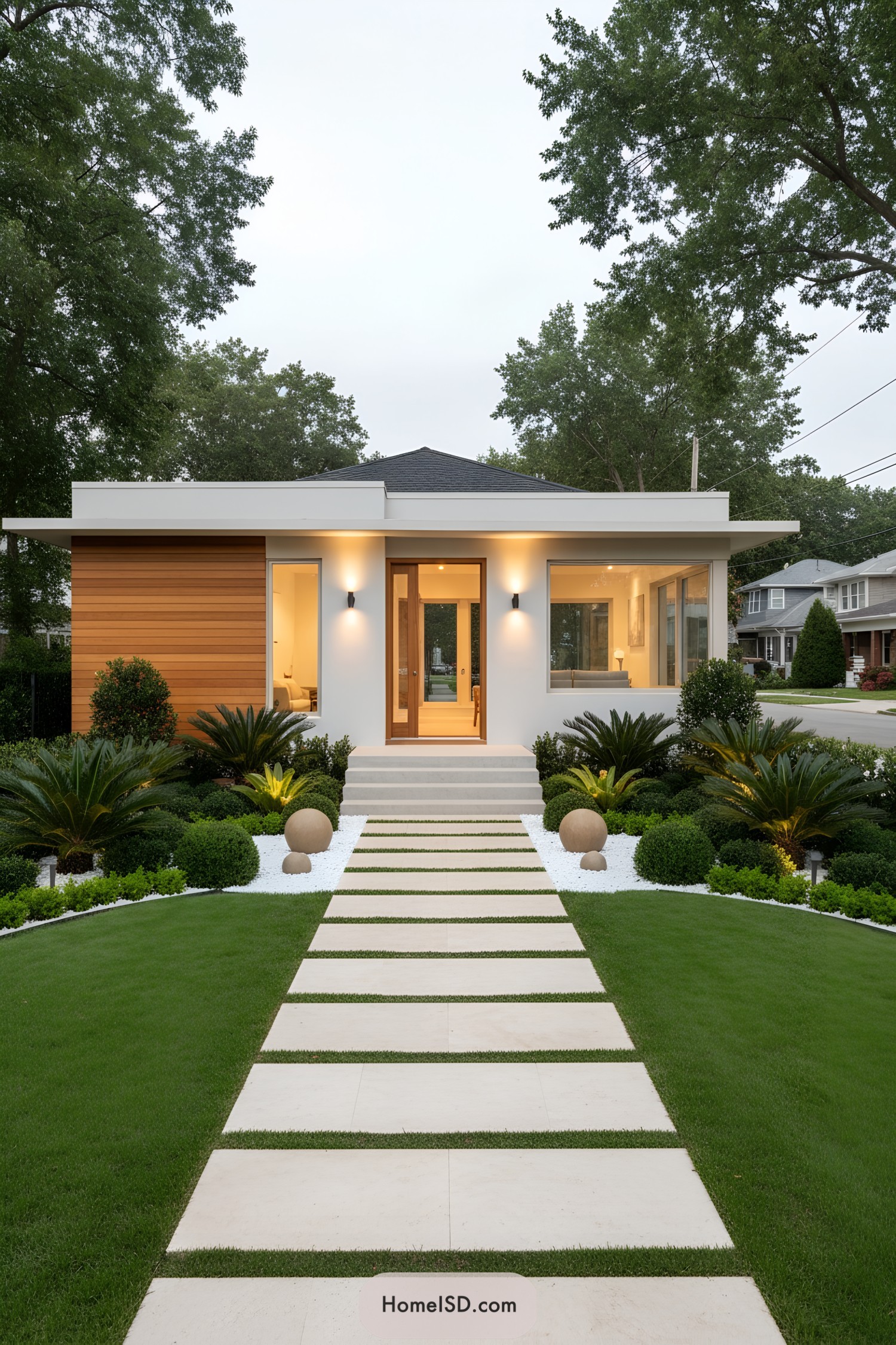 Modern bungalow with geometric front walkway and sculpted greenery