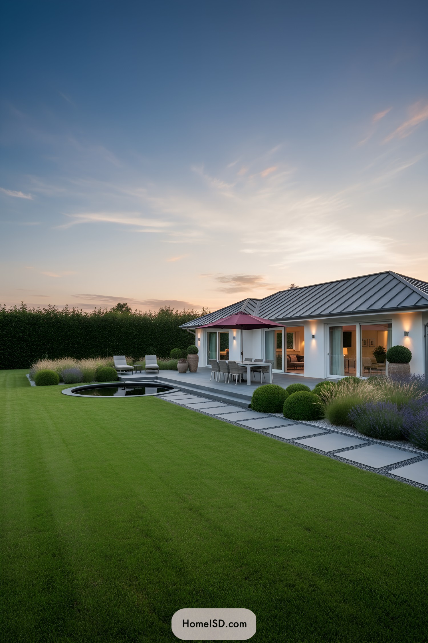 Modern bungalow with sleek patio, lawn, and reflecting pool