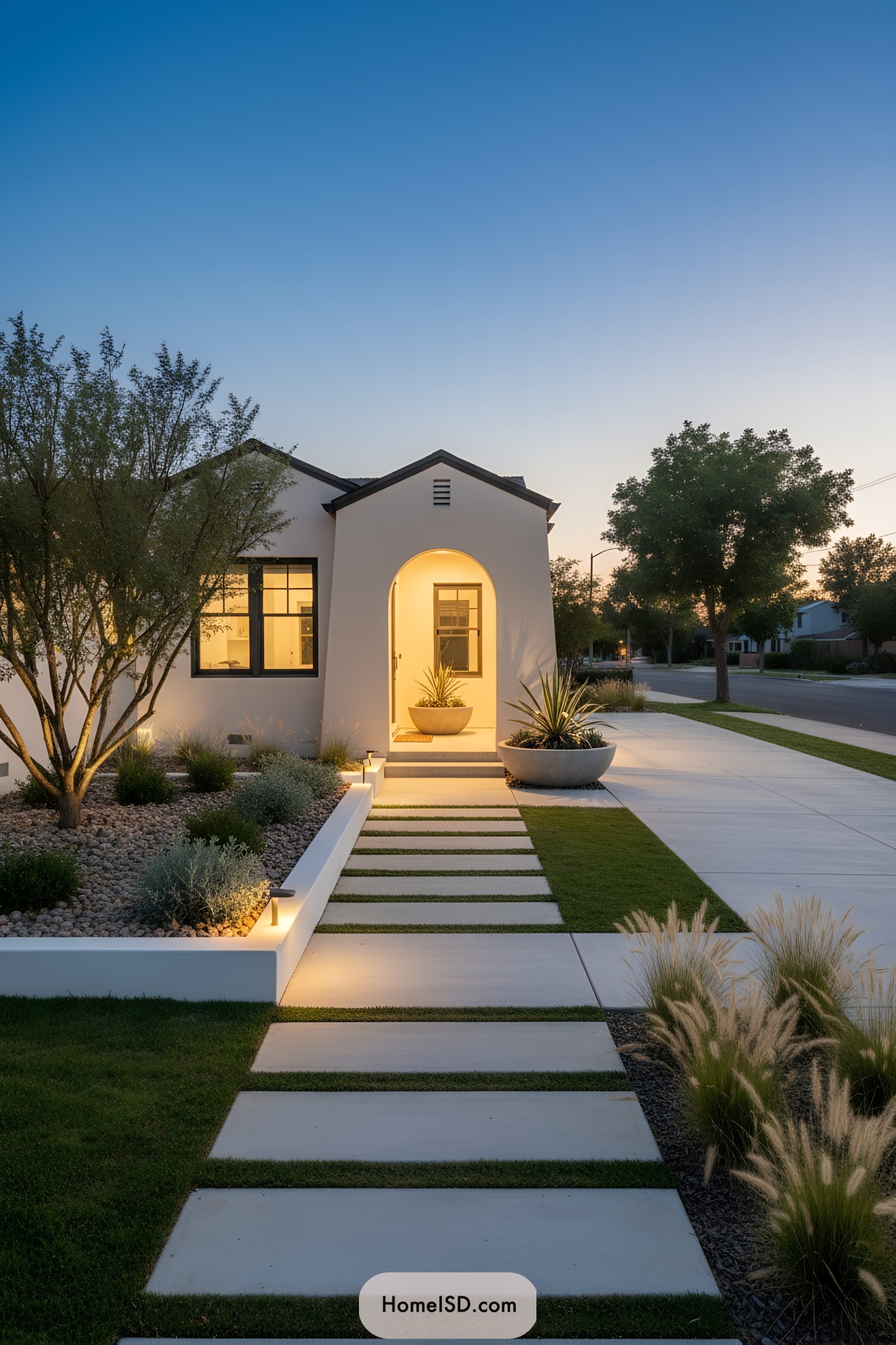 Modern bungalow with illuminated concrete stepping-stone path and minimalist drought-tolerant landscaping