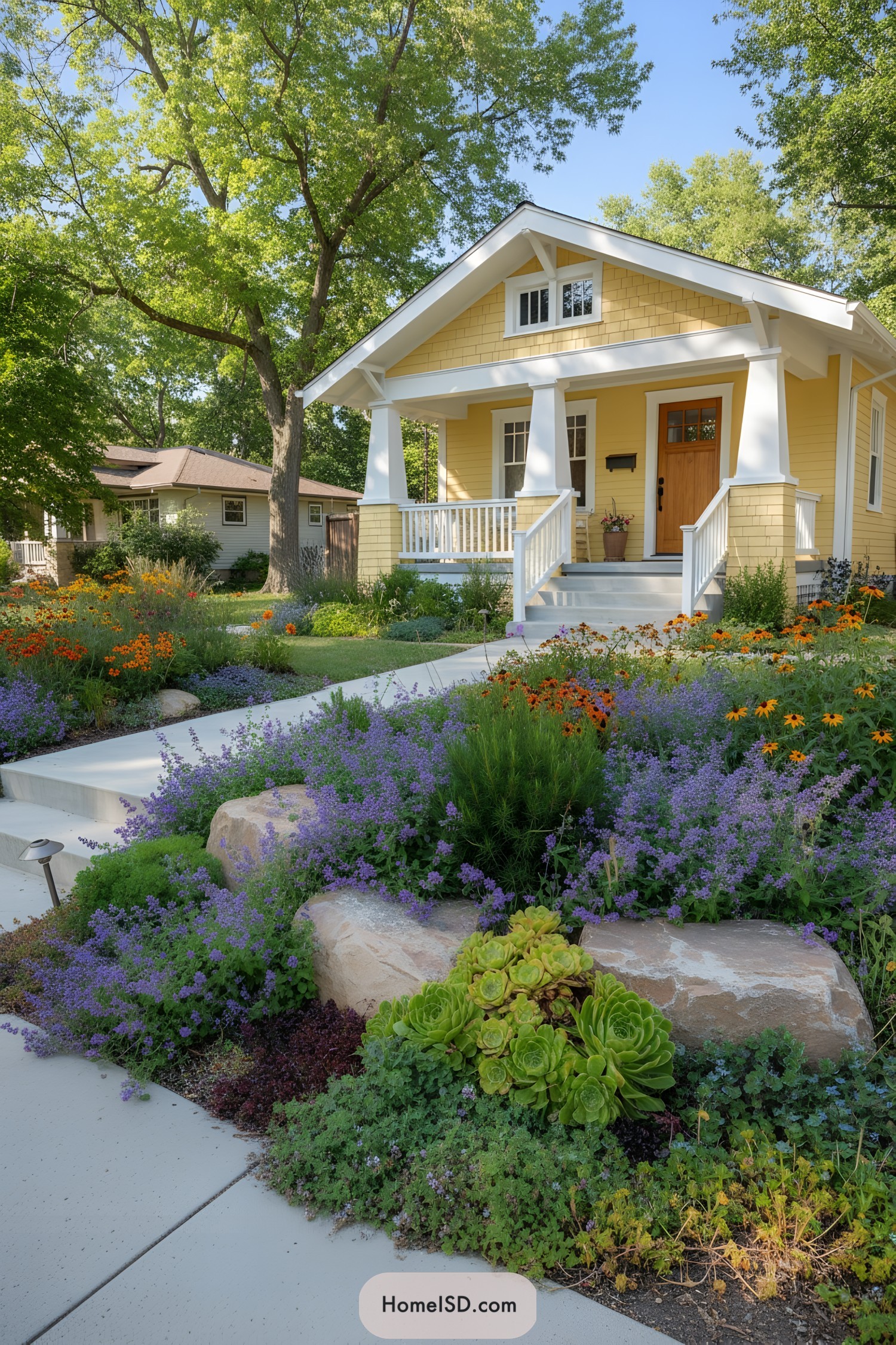 Yellow bungalow with lush colorful front garden