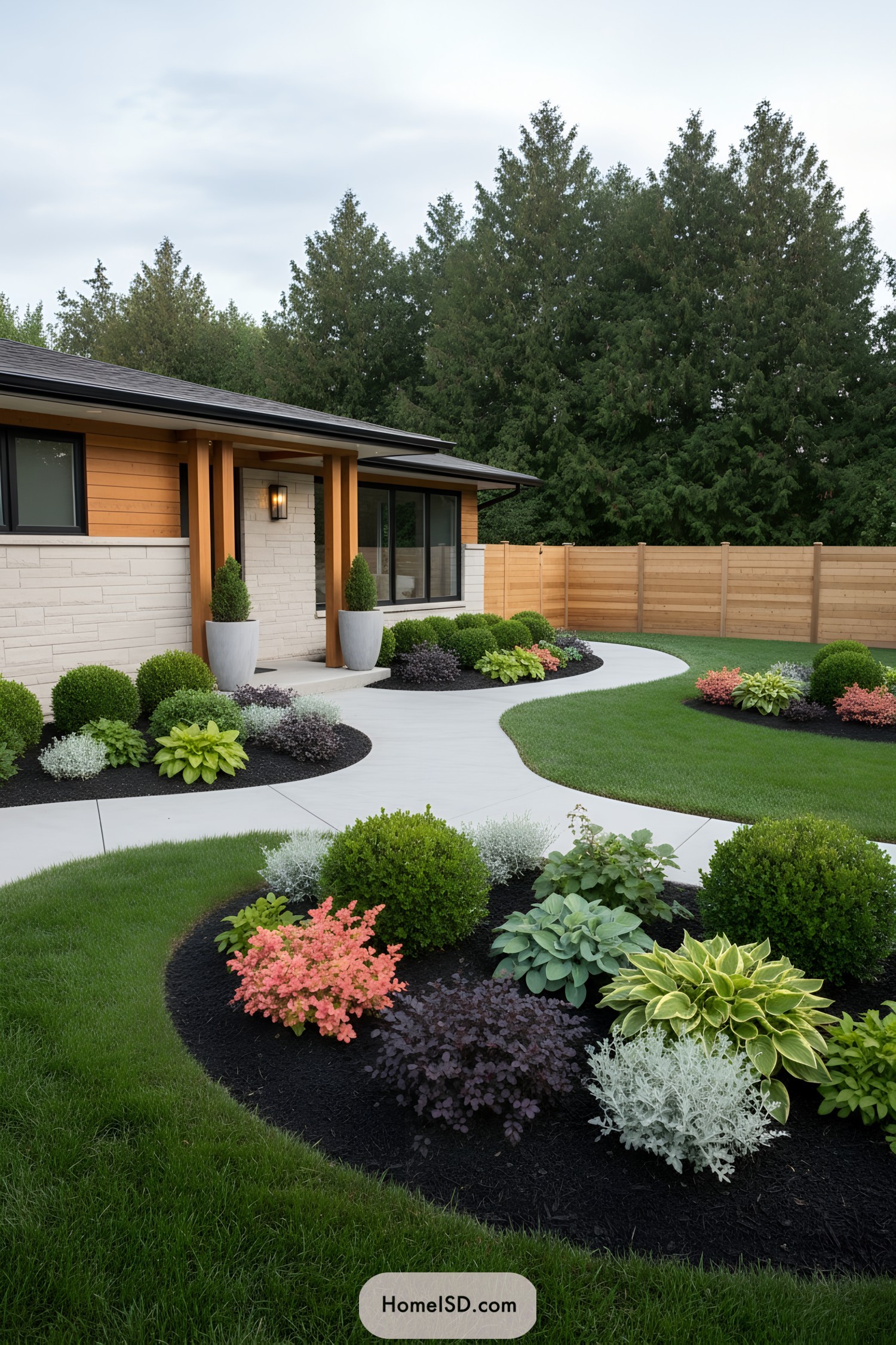 Curved concrete walkway through manicured bungalow garden