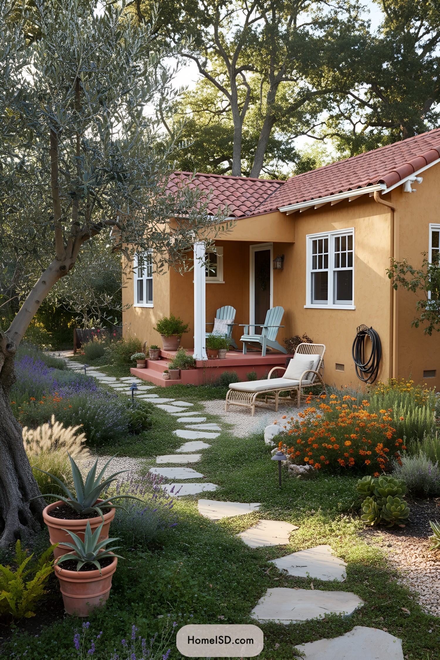 Sunny bungalow front yard with curving stone path through drought-tolerant plantings and casual seating areas