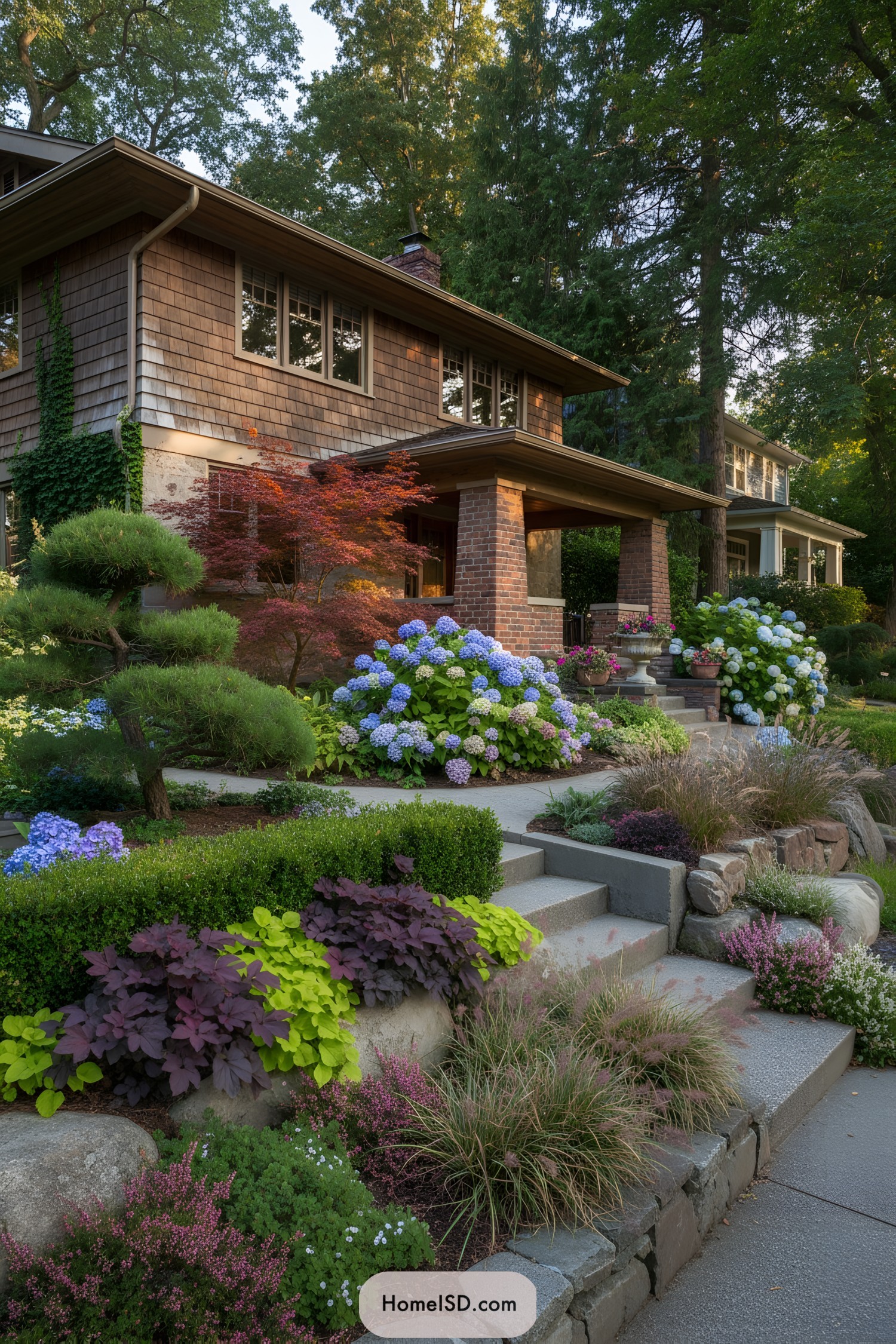 Terraced front yard with lush hydrangeas and layered shrubs leading to a shingle-style bungalow