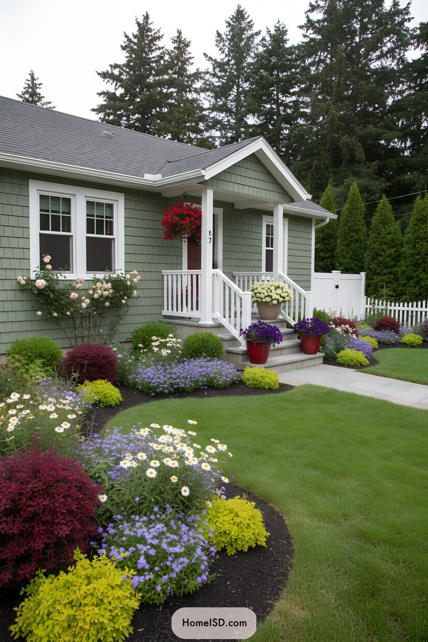 Colorful flower beds and shrubs framing a small green bungalow and front porch