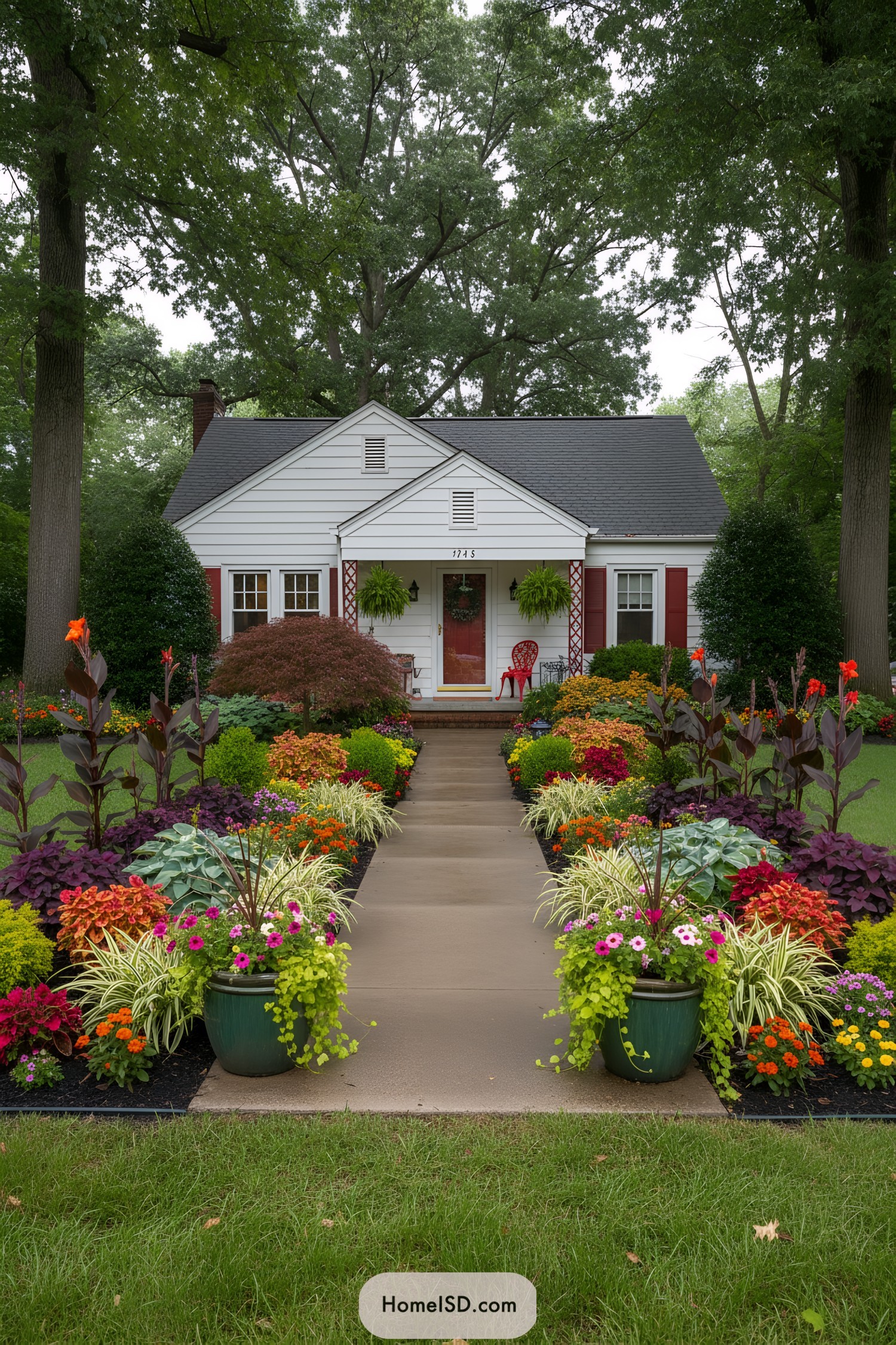 Colorful flower-lined walkway leading to a small white bungalow