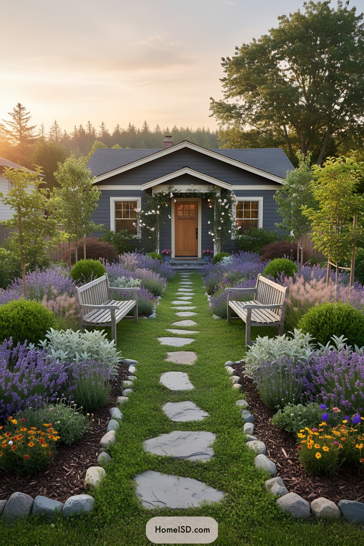 Lavender-filled front yard with stone path and benches leading to a blue bungalow at sunrise