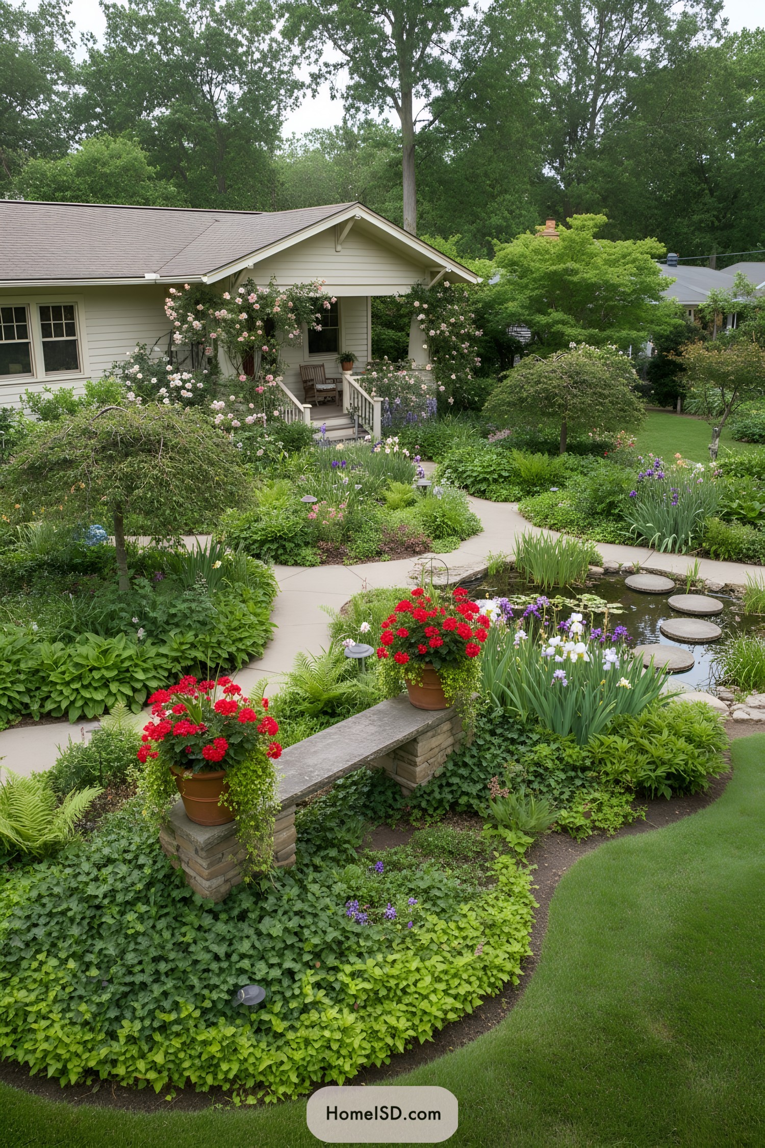Lush bungalow garden with curving paths pond and dense flowers