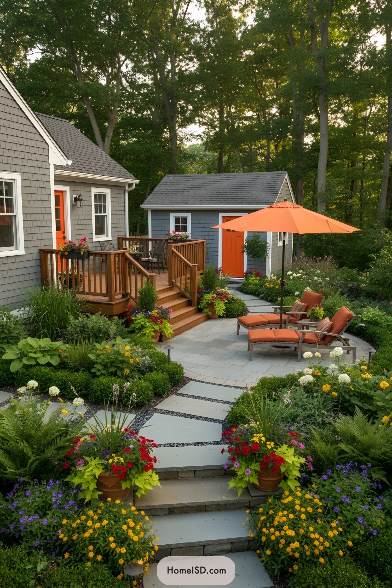 Colorful terraced bungalow patio with orange accents