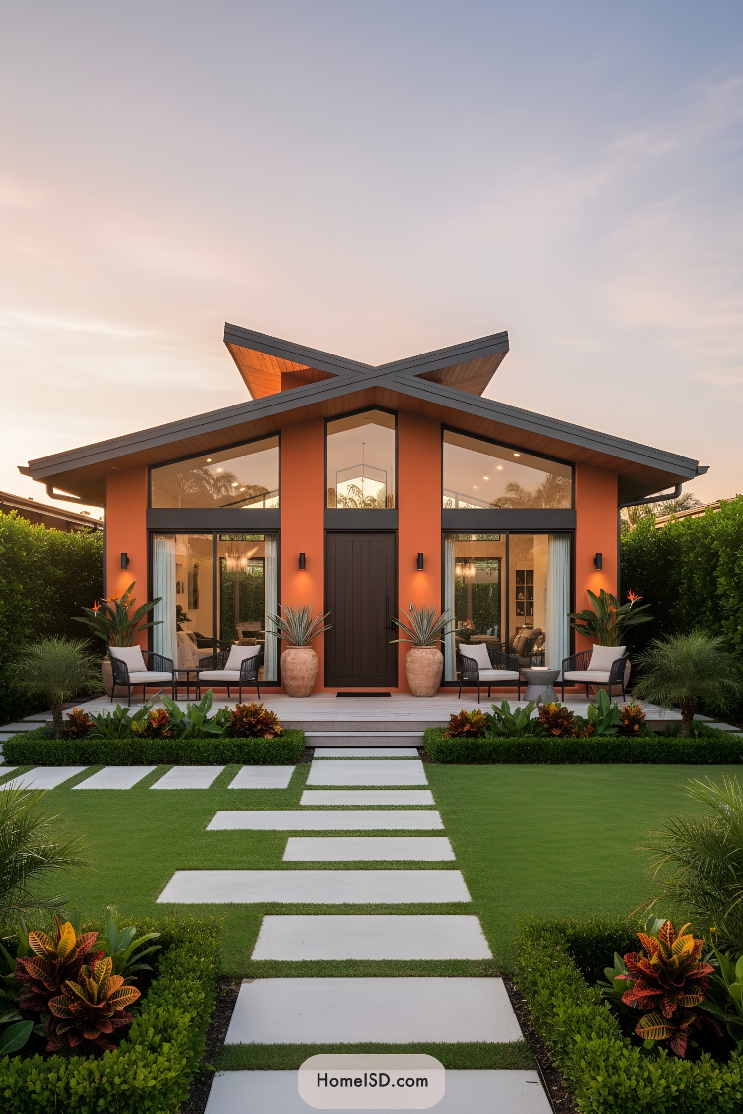 Modern orange bungalow with geometric lawn path