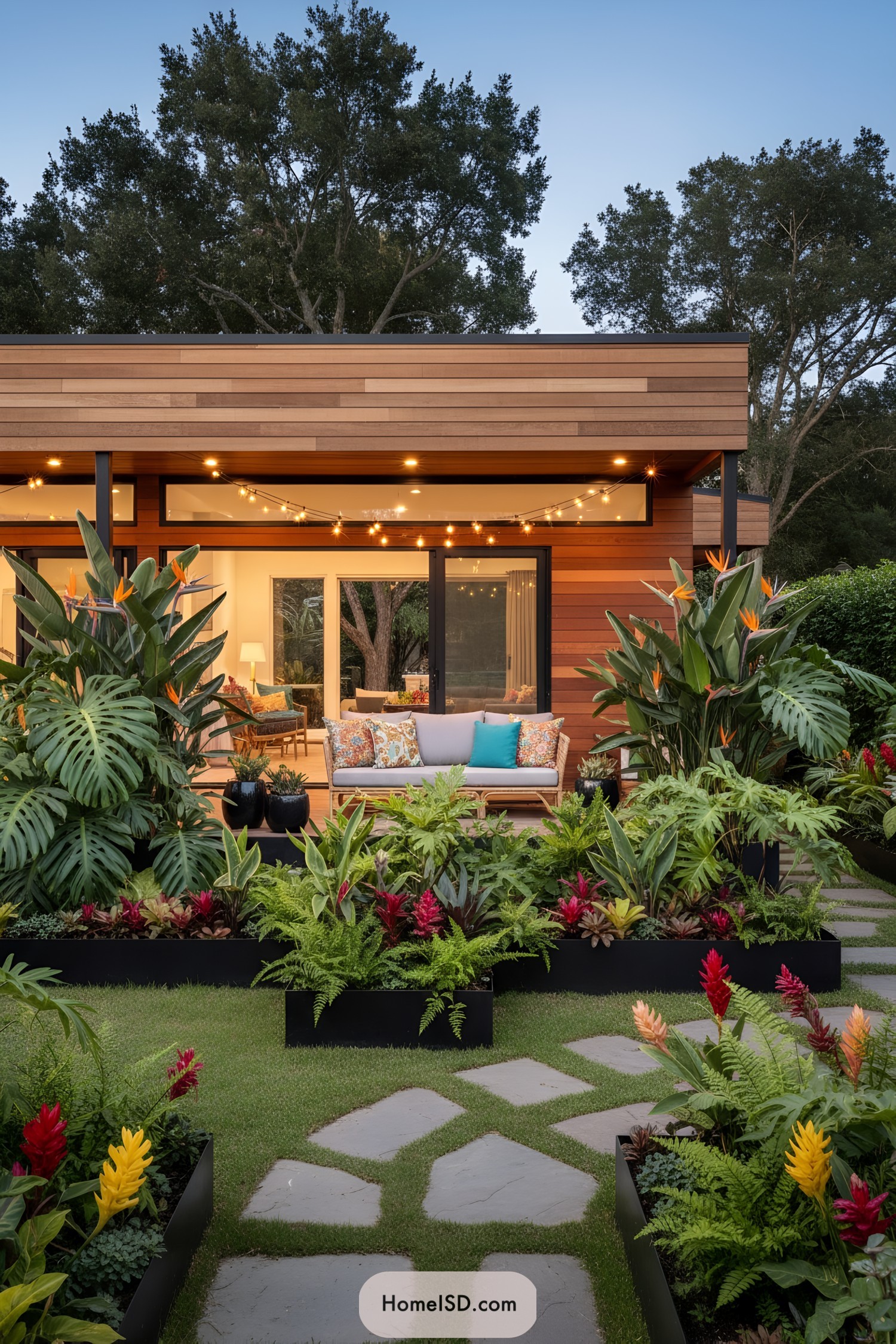 Modern bungalow patio with lush tropical garden