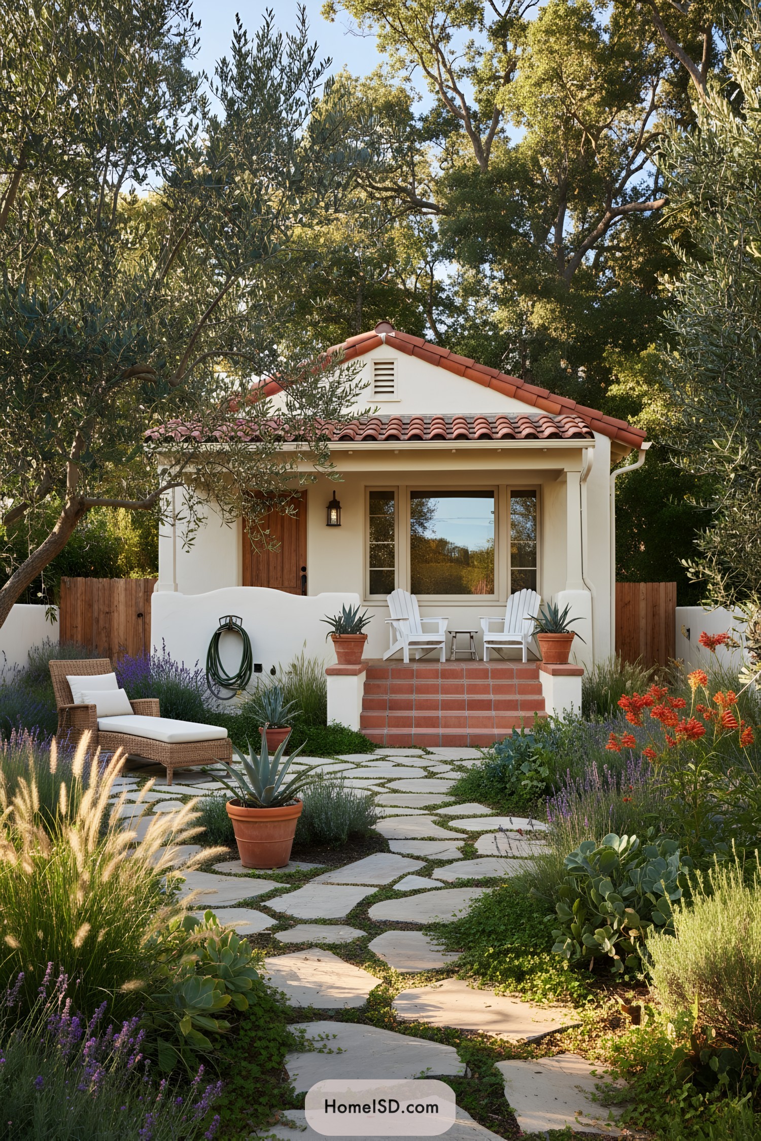 Cozy stucco bungalow with terracotta roof framed by lush Mediterranean-style garden and stone path