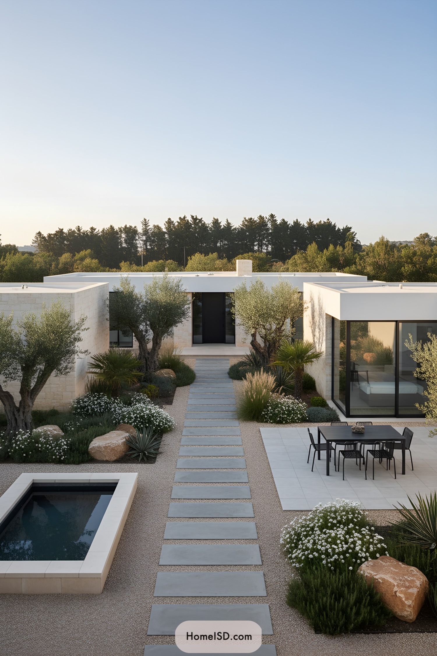Modern bungalow courtyard with gravel, large pavers, olive trees, and a small reflecting pool