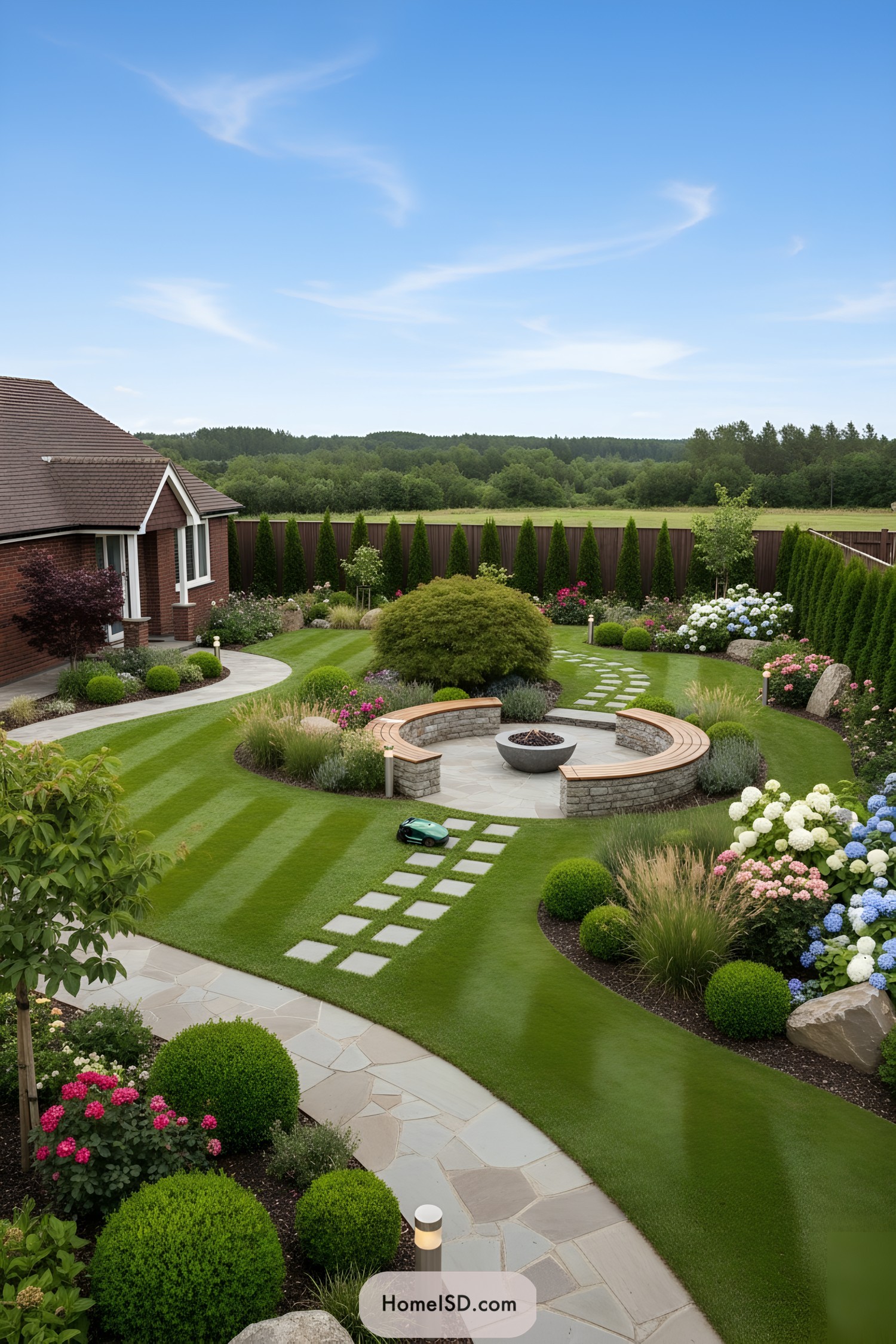 Curved lawn garden with circular firepit seating and colorful shrubs