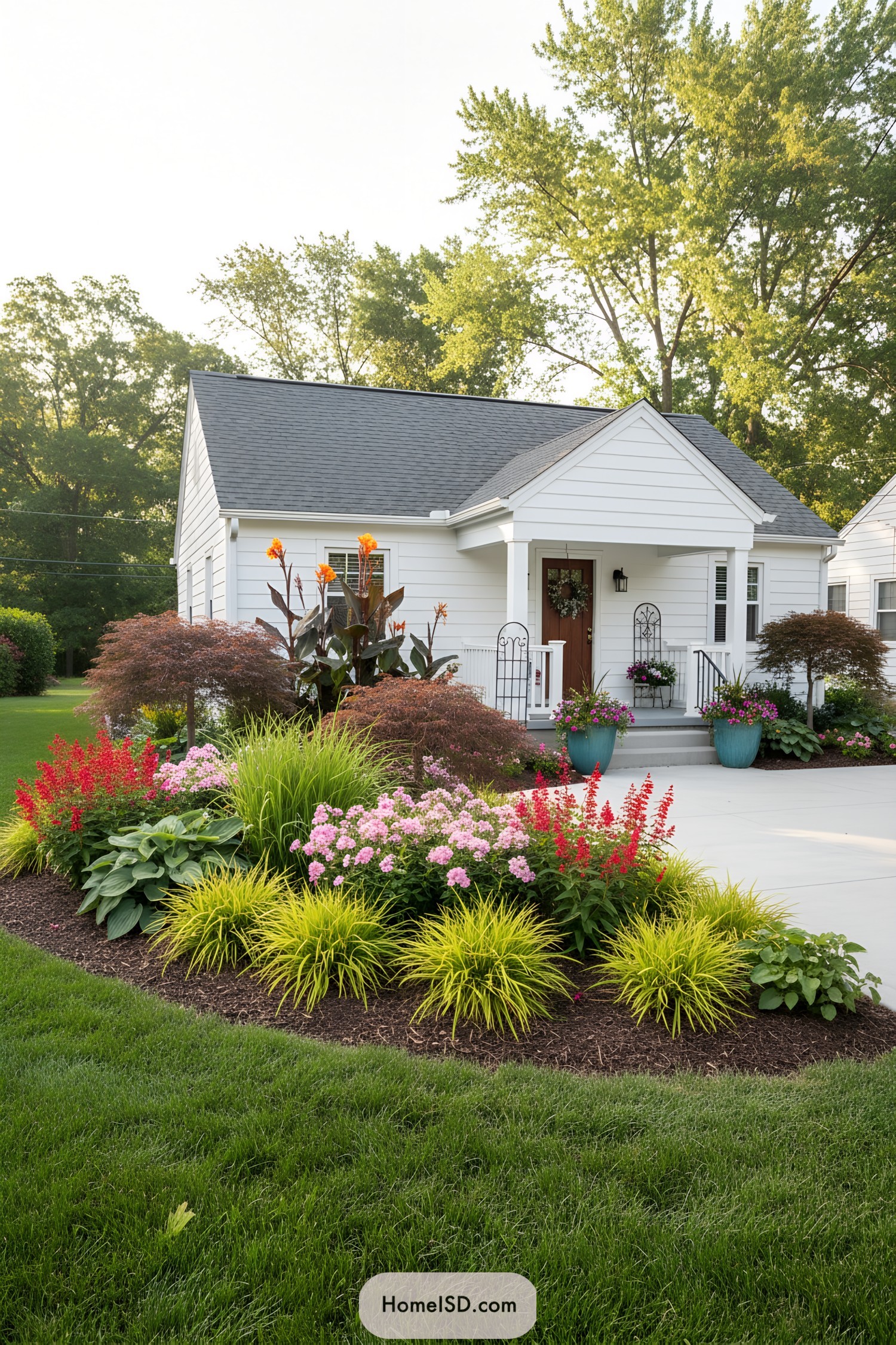 White bungalow with layered, colorful planting beds along the front walk