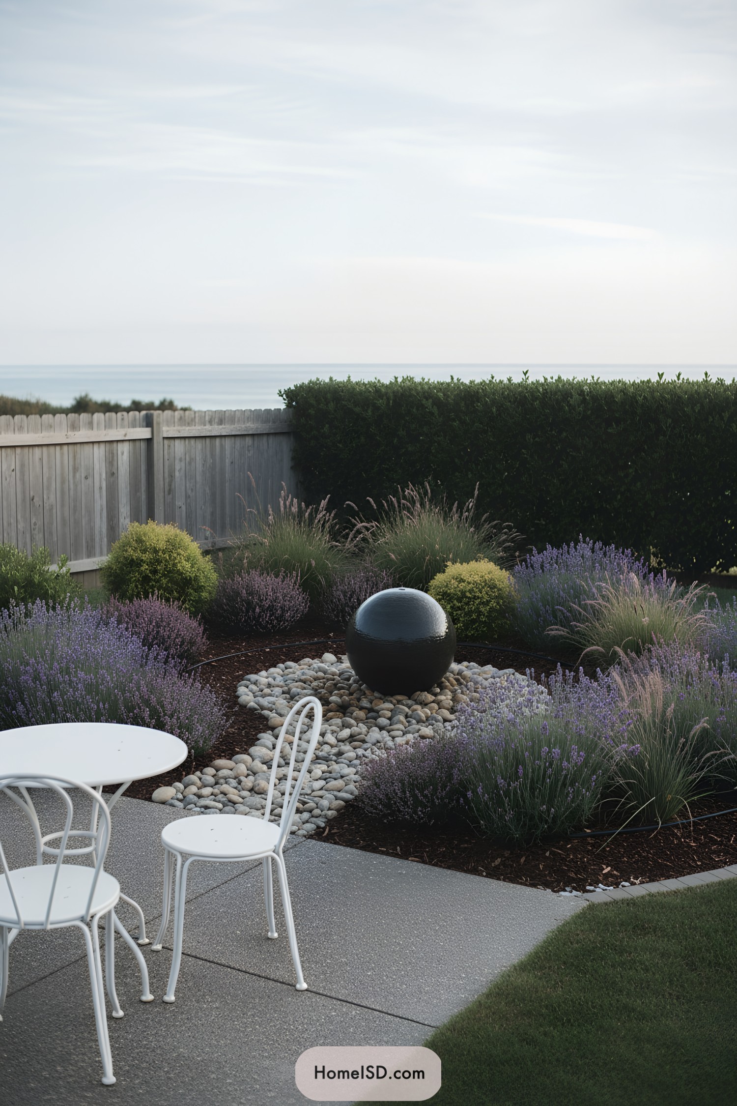 Modern coastal yard with black sphere fountain surrounded by lavender and pebbles