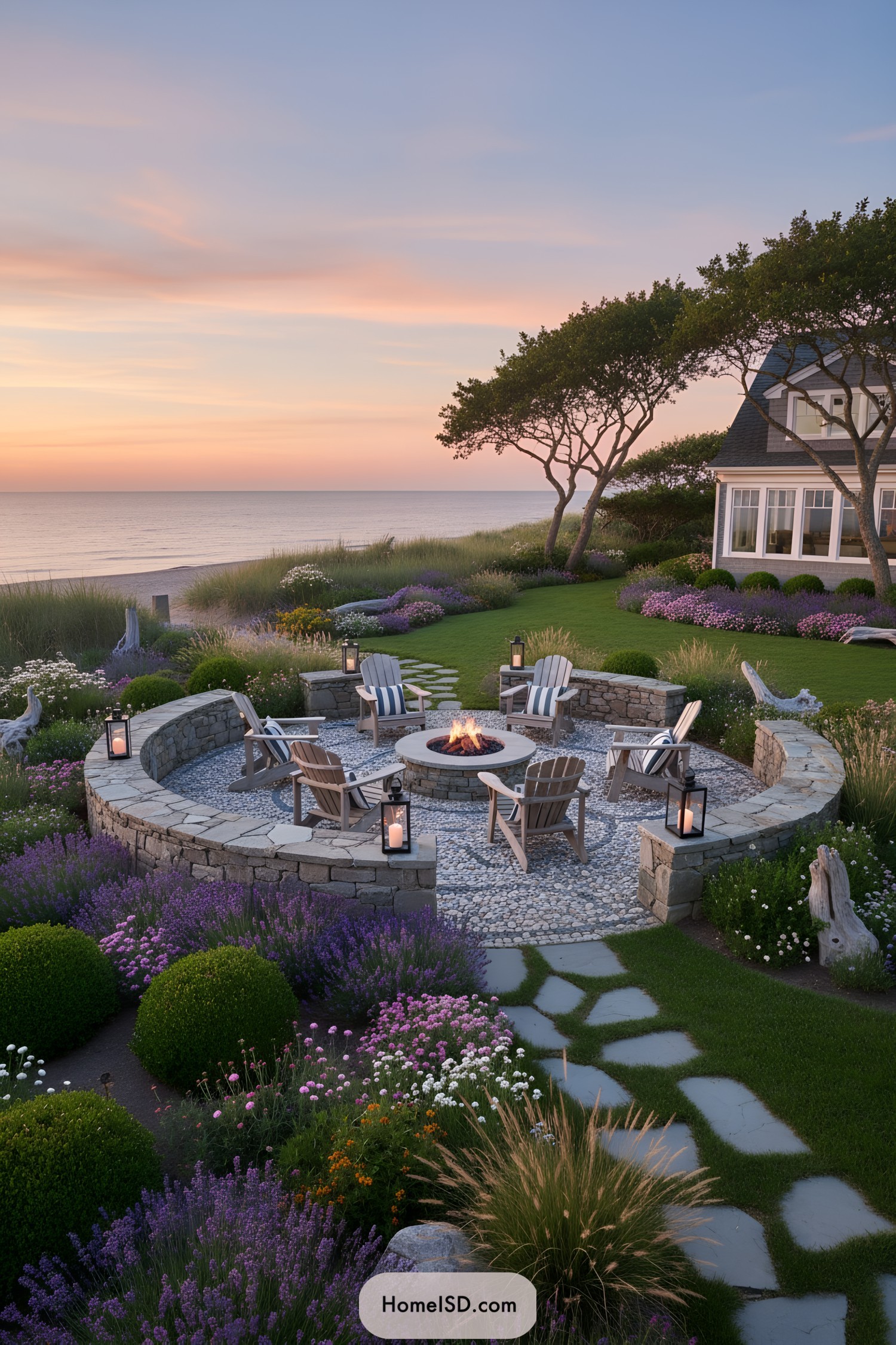 Circular seaside fire pit patio at sunset