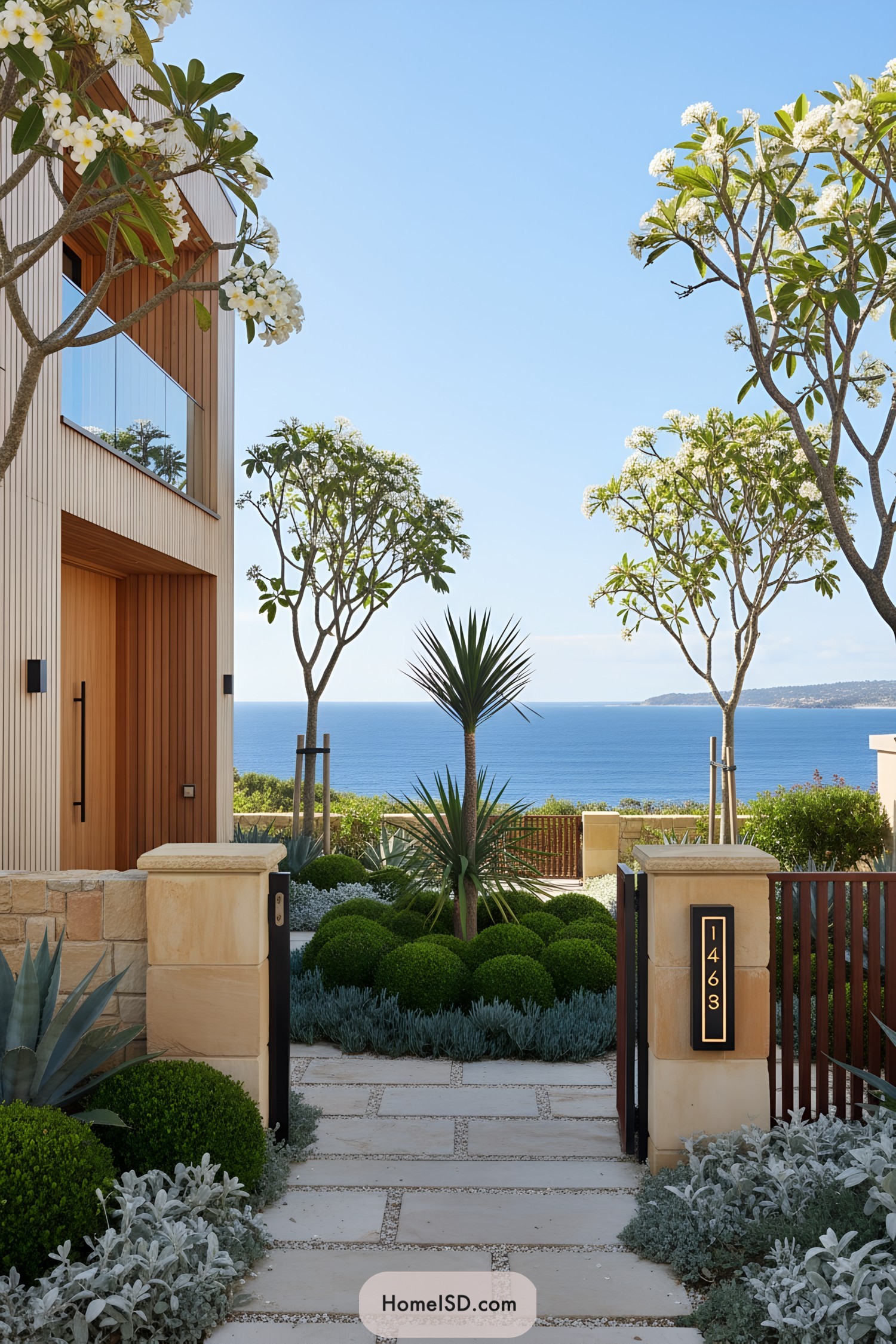 Modern coastal front yard with structured greenery framing an ocean view