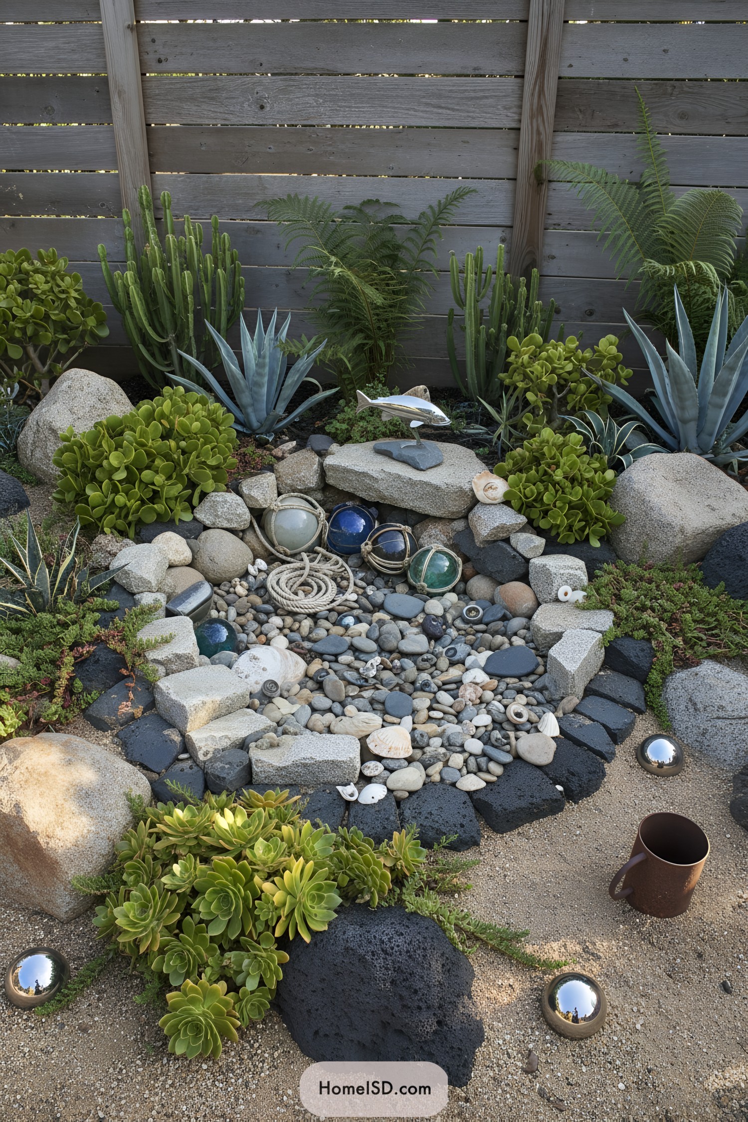 Coastal succulent rock garden with glass floats