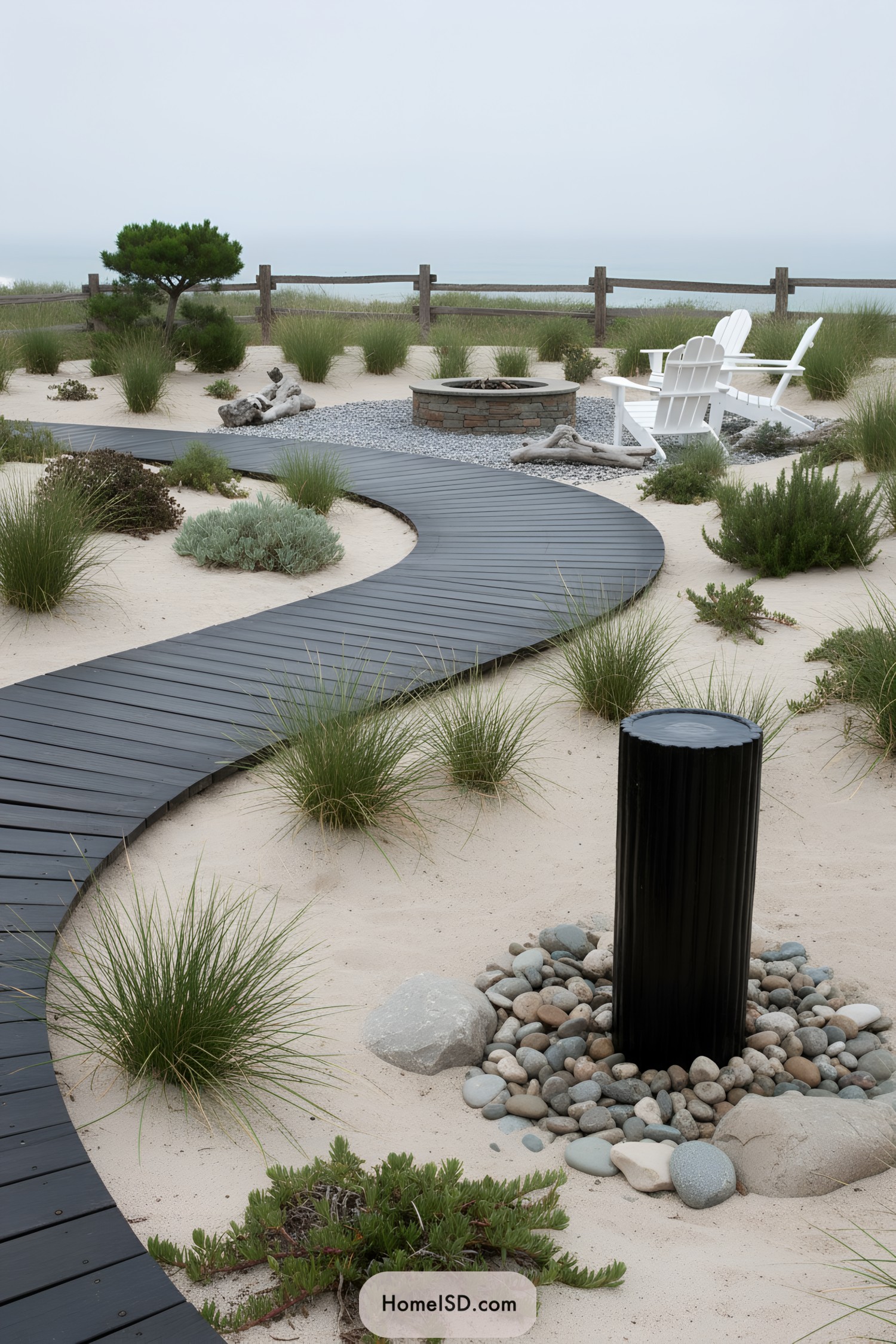 Curving black boardwalk through sandy coastal yard leading to stone fire pit with white Adirondack chairs