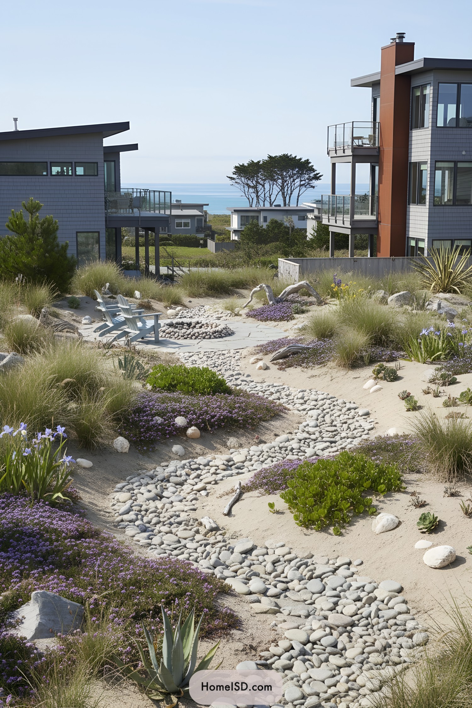 Coastal backyard with pebble stream, dunes, and lounge chairs