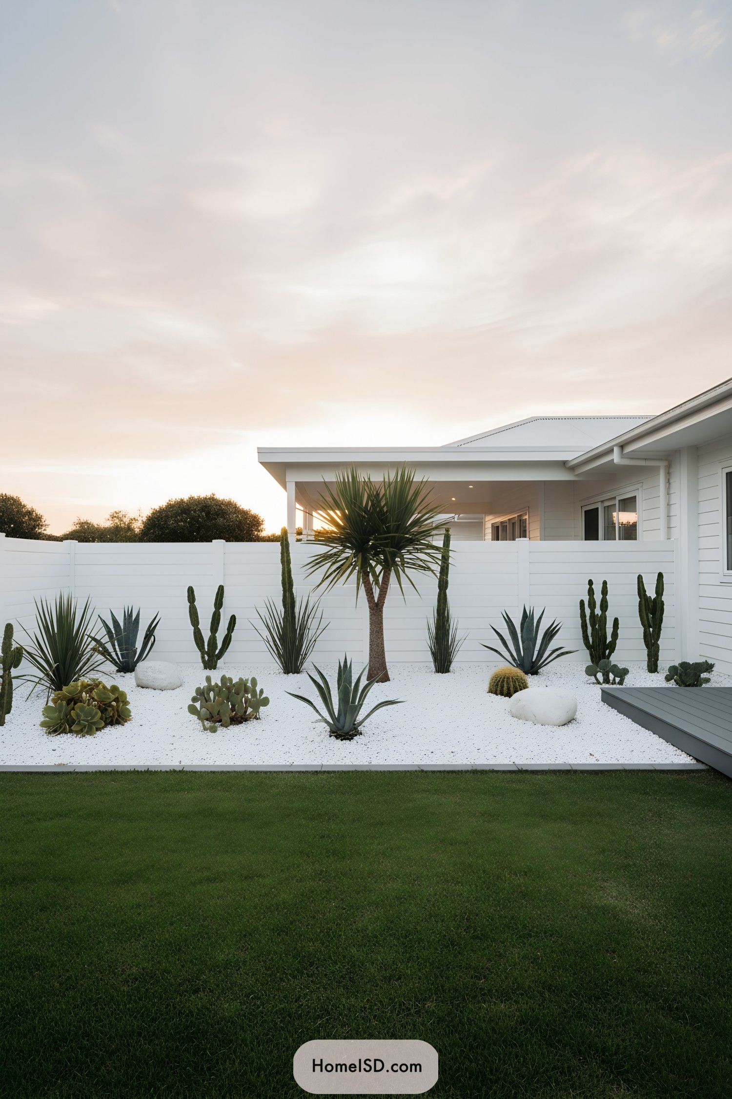 Modern coastal yard with white gravel, cacti, and yucca against a white fence