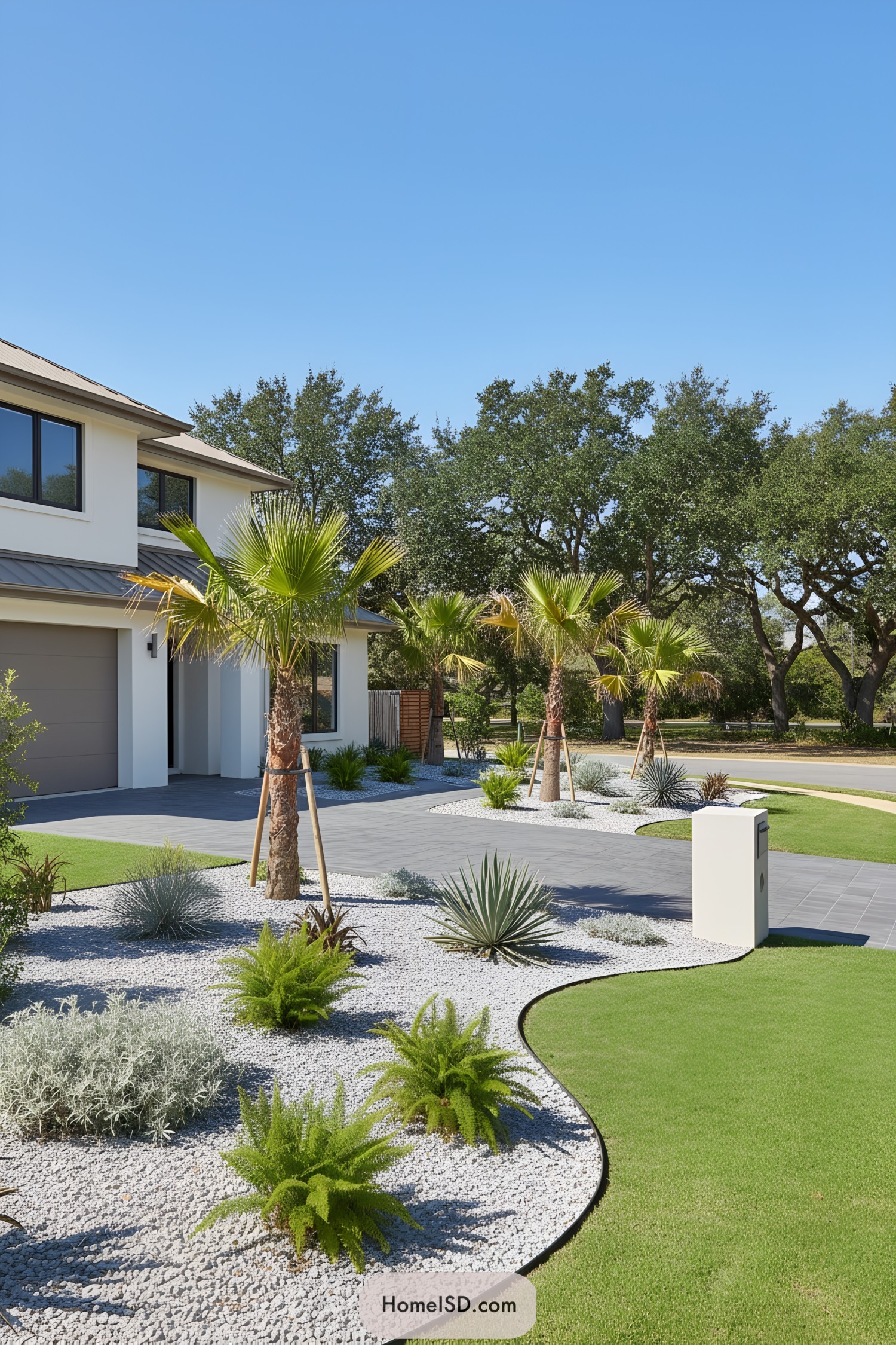 Modern front yard with palm trees, gravel beds, and gray paver driveway