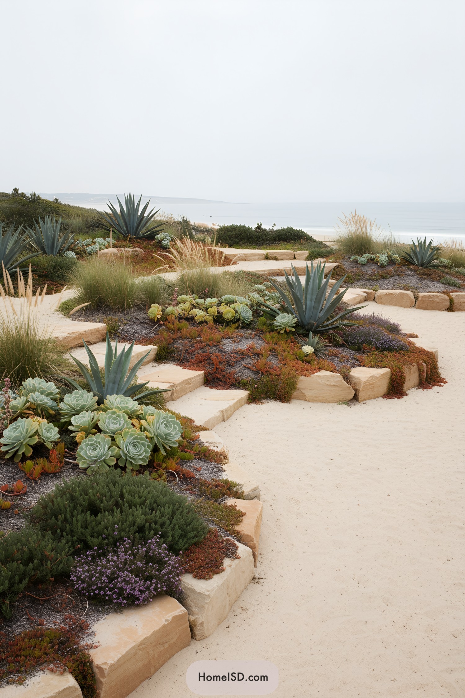 Terraced coastal garden with succulents and sand paths