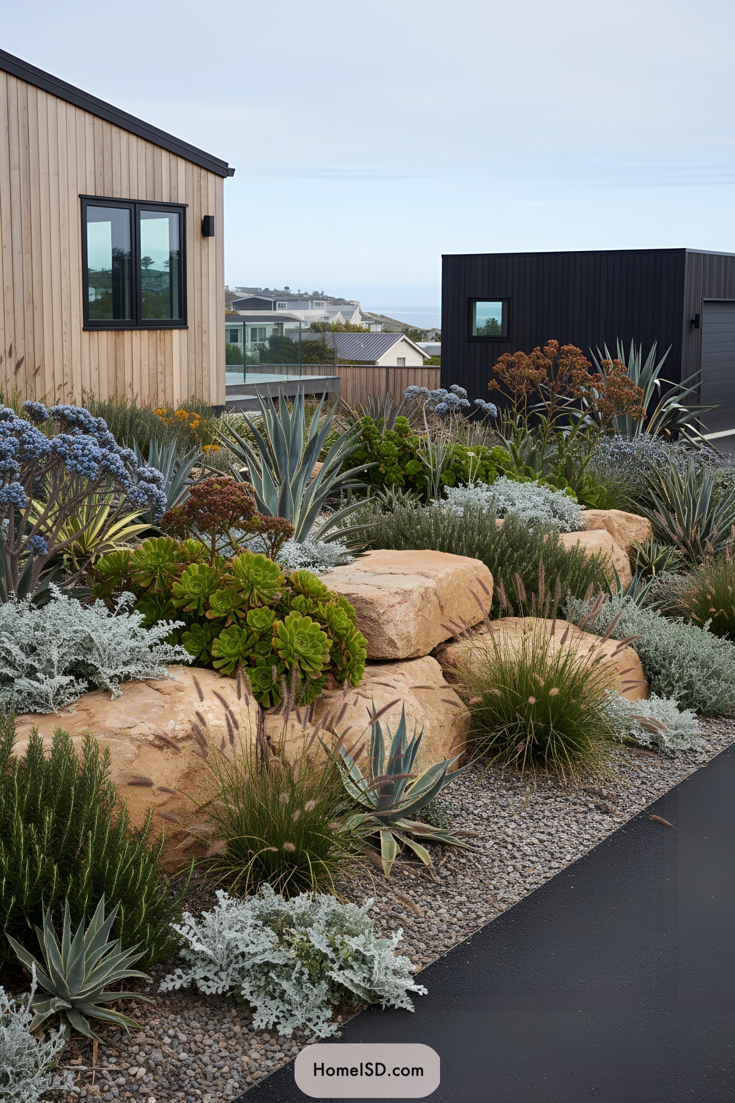 Coastal front yard with layered boulders, succulents, and grasses beside modern wood and black-clad homes