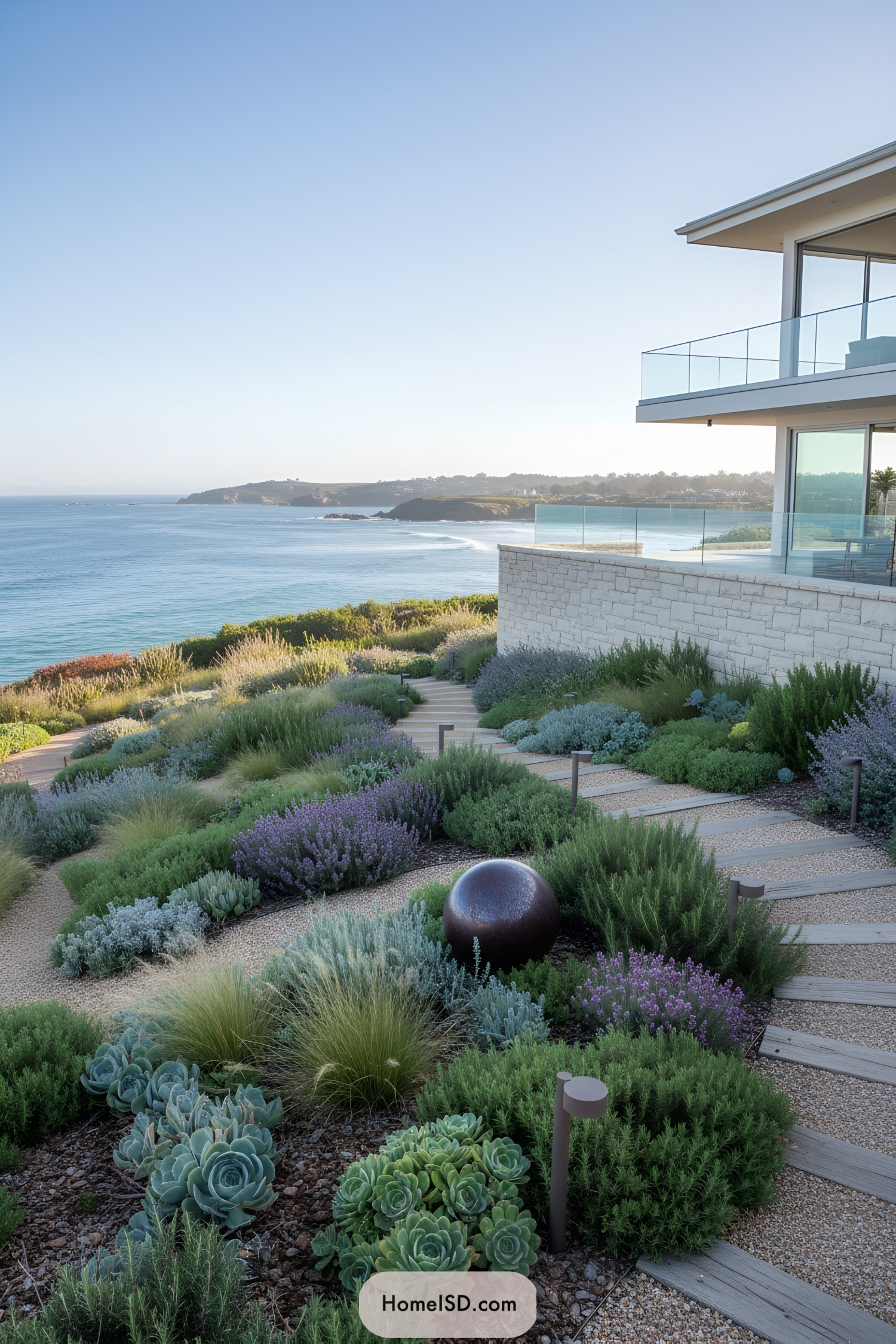 Modern terraced coastal garden with succulents and gravel paths