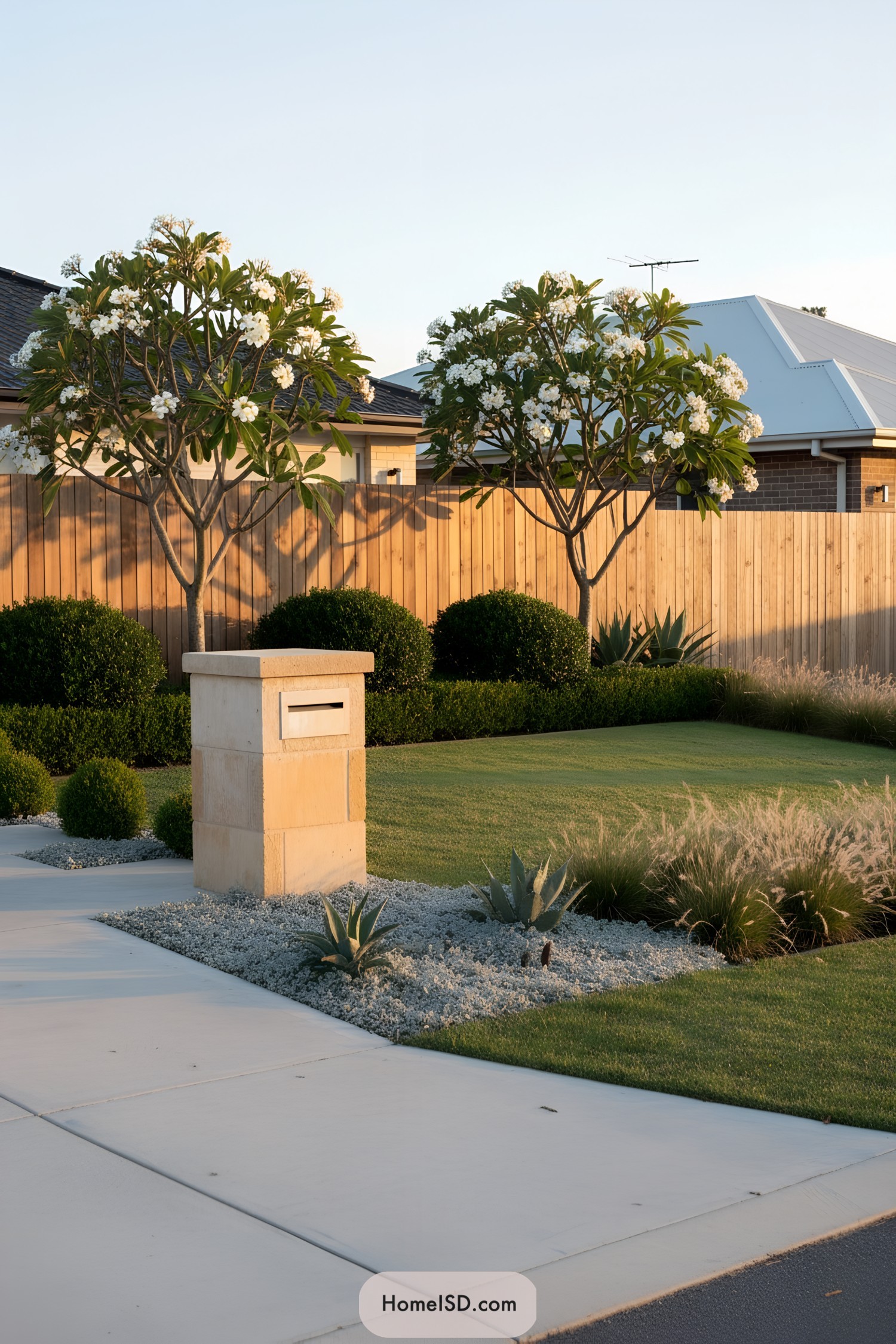 Modern front lawn with blooming plumeria trees framing a stone mailbox and structured coastal plantings