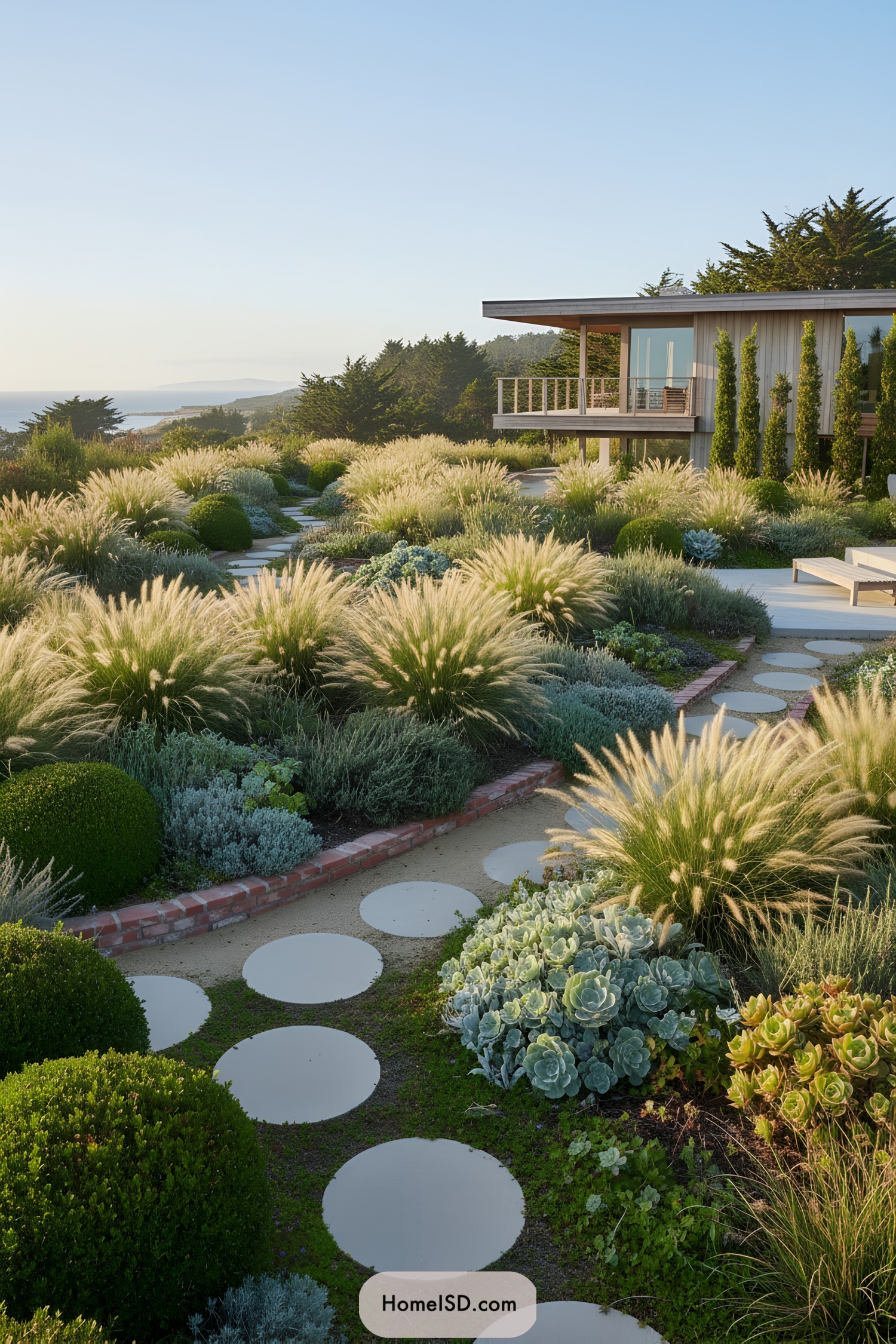 Coastal hillside garden with circular pavers winding through grasses and succulents
