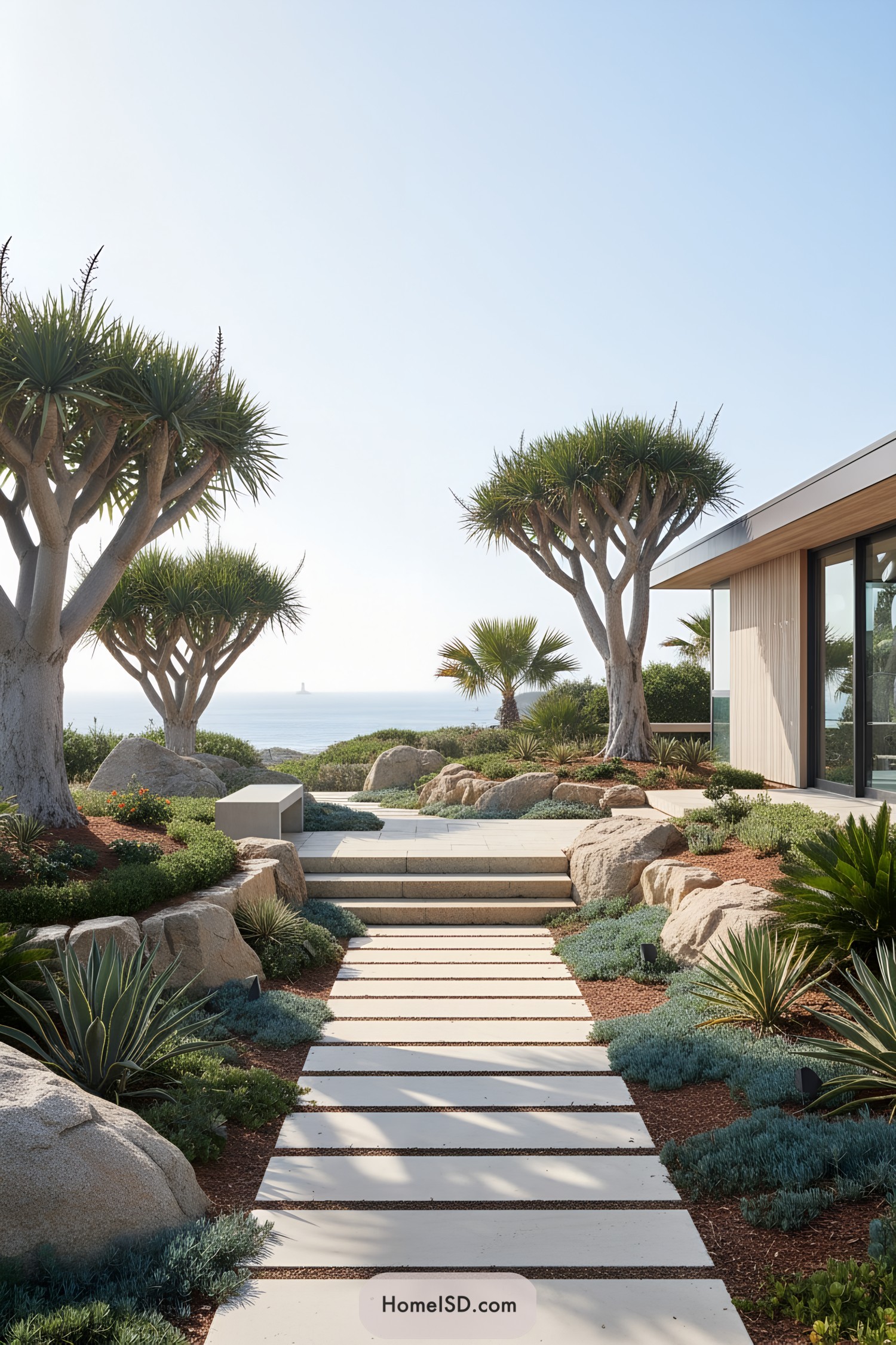 Modern coastal garden with stepped stone path