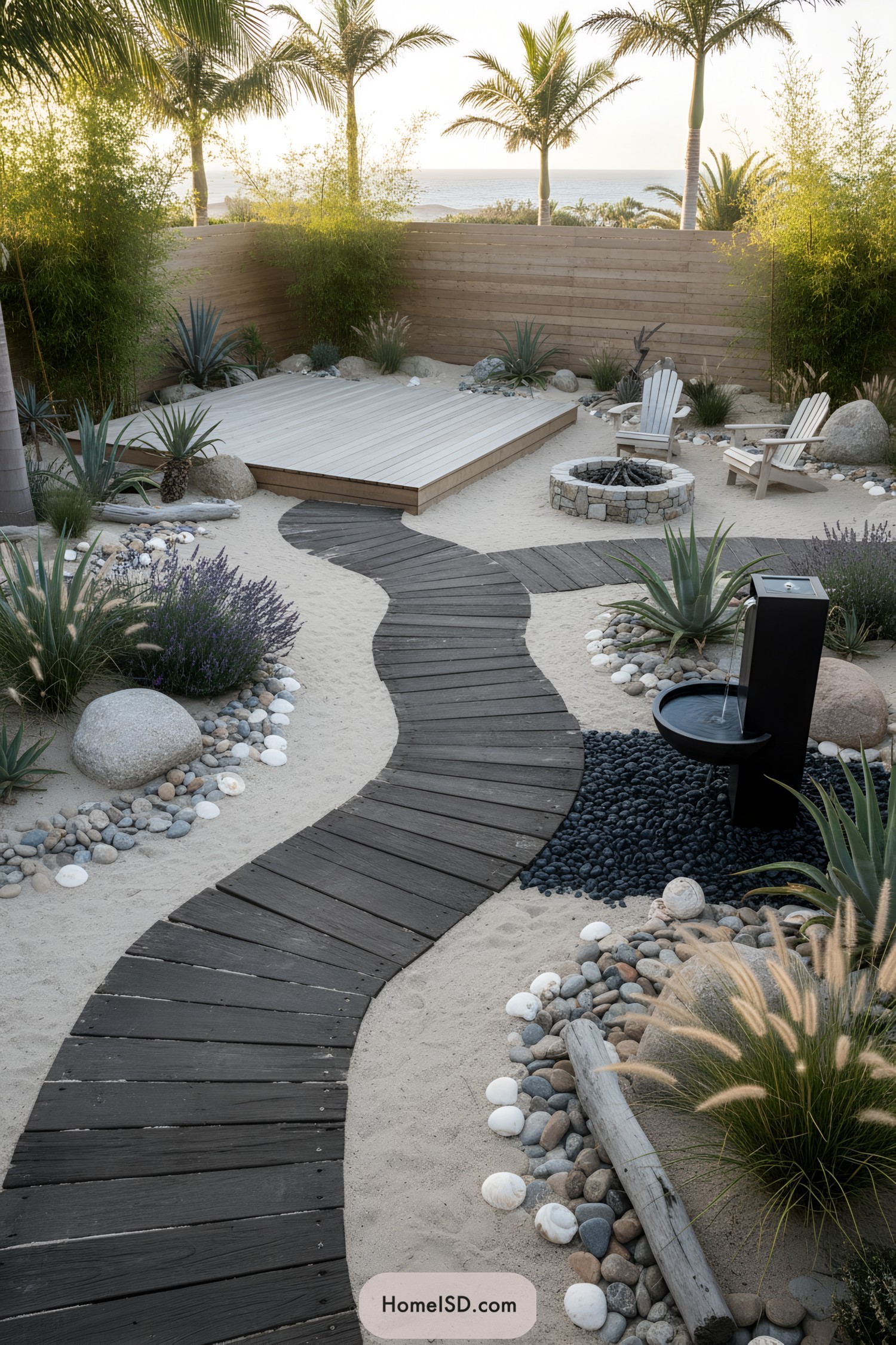 Modern coastal yard with curving boardwalk path fire pit deck and sculptural fountain