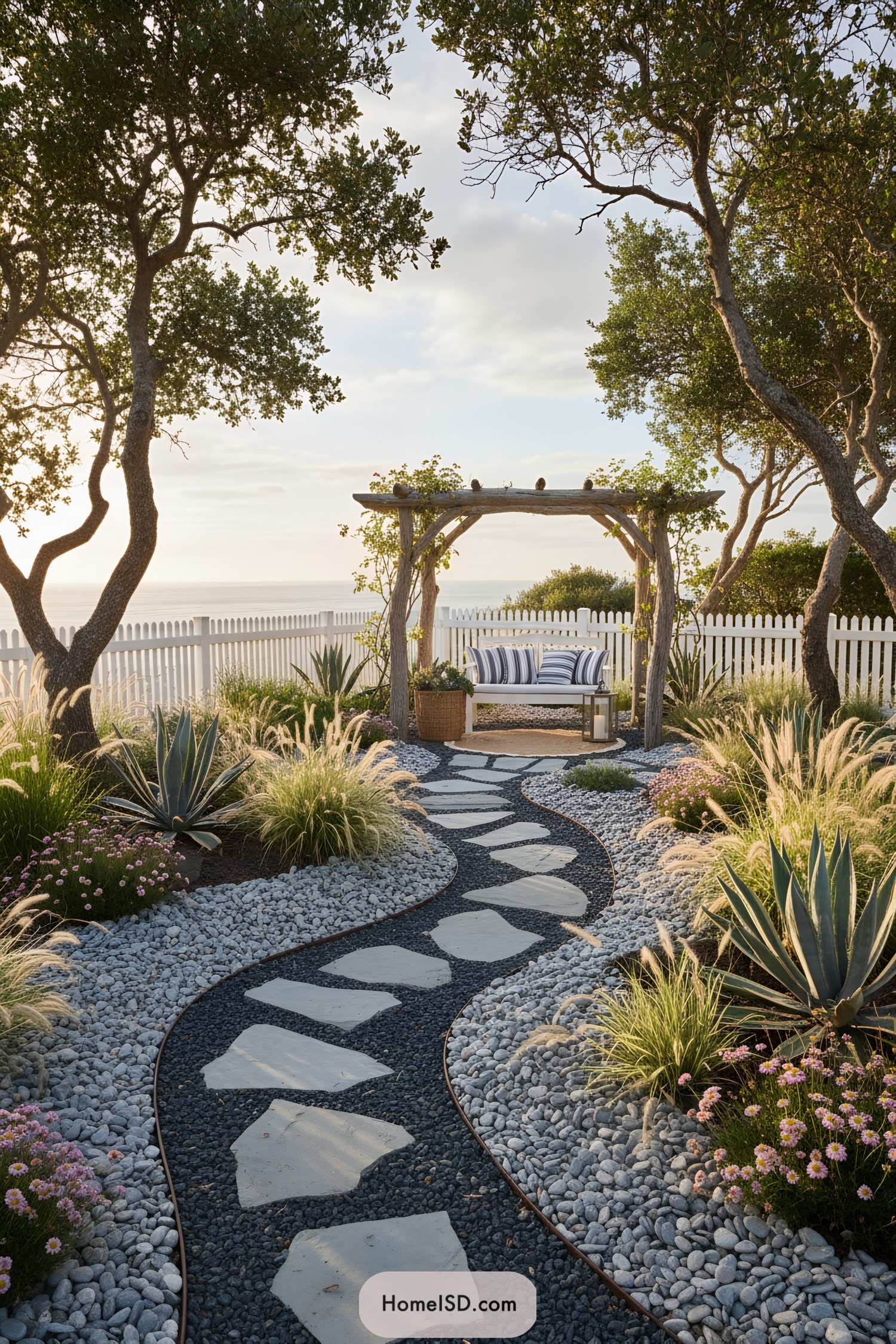 Curved stone garden path leading to a coastal bench under a rustic arbor