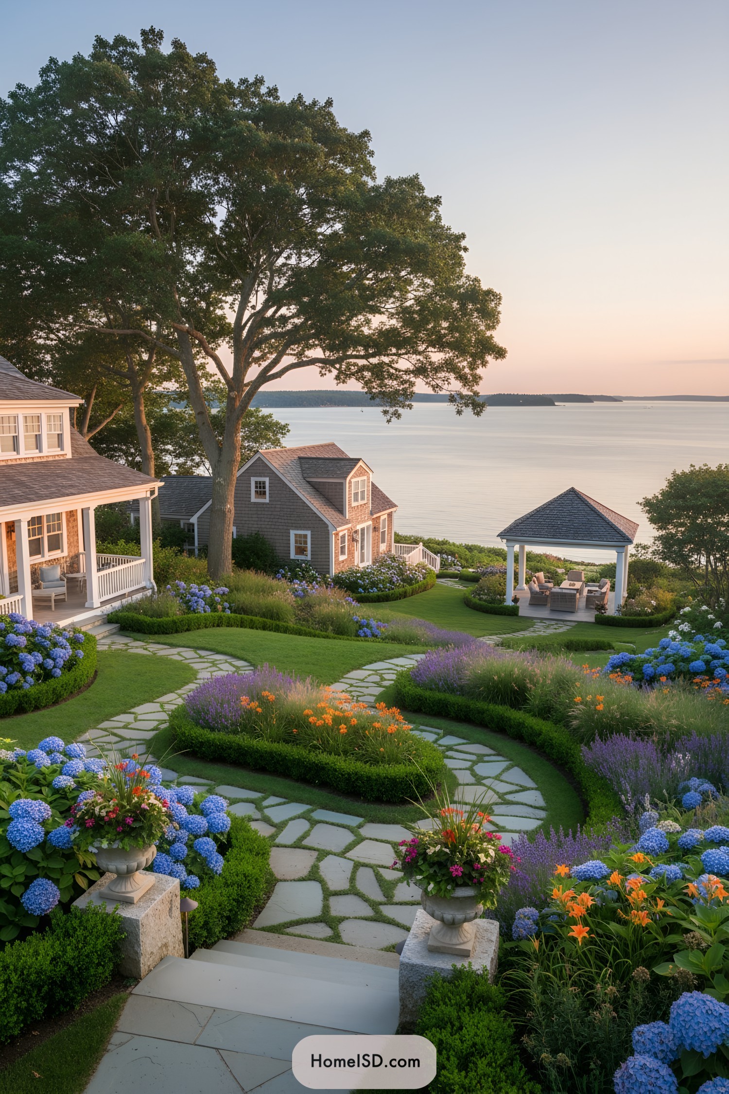 Terraced coastal garden with curving bluestone paths, colorful flowers, and cottages overlooking a calm sea