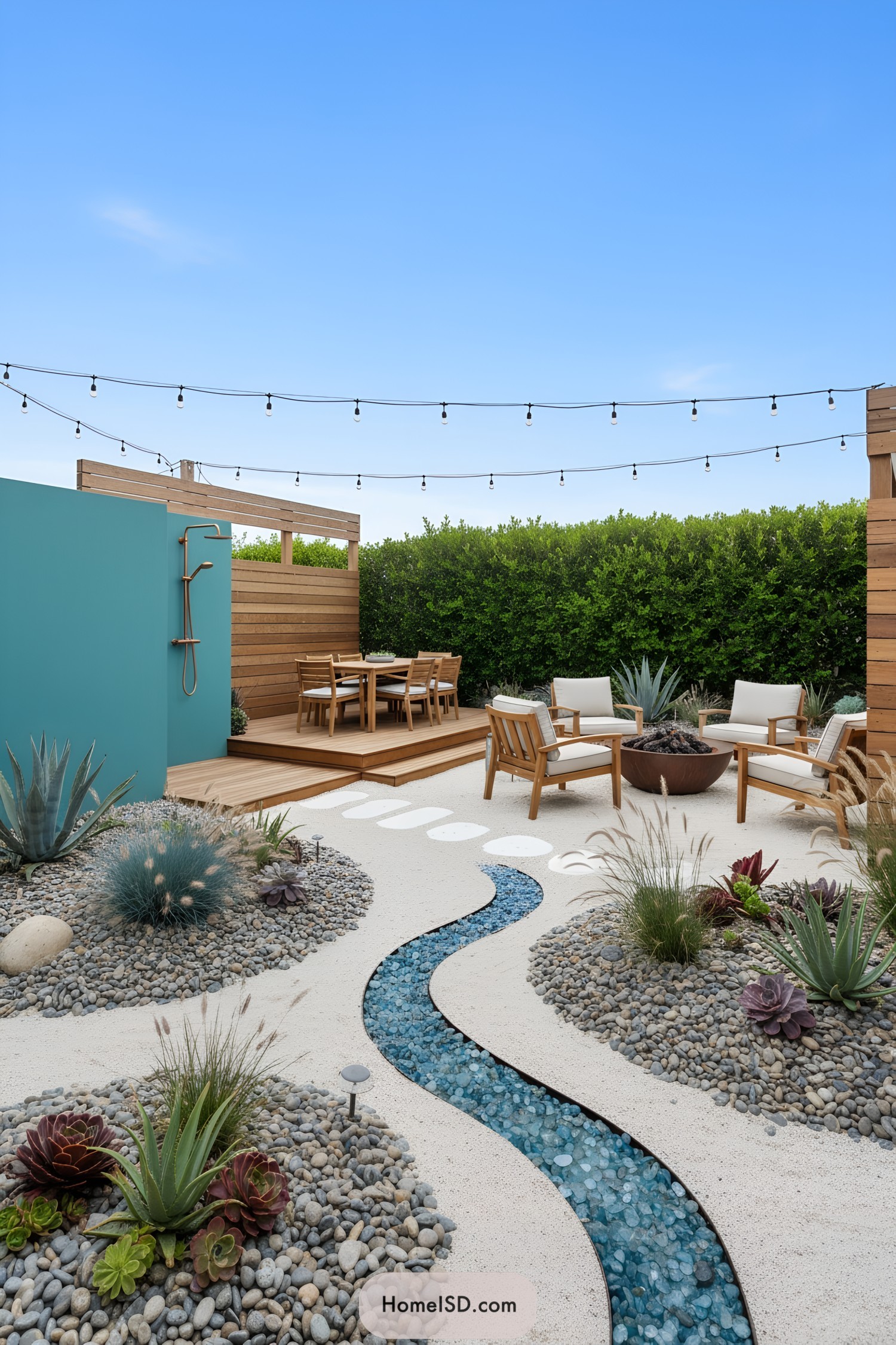 Modern coastal courtyard with glass pebble stream and wood seating