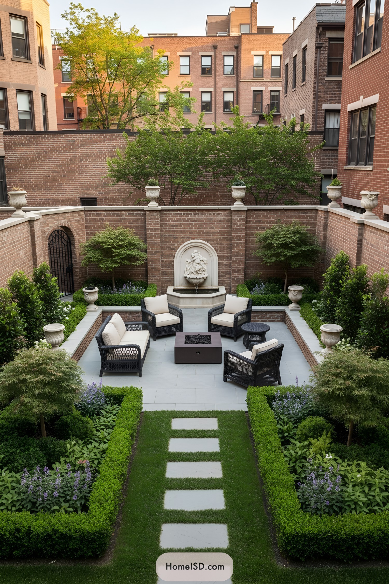 Brick-walled garden with fountain and lounge