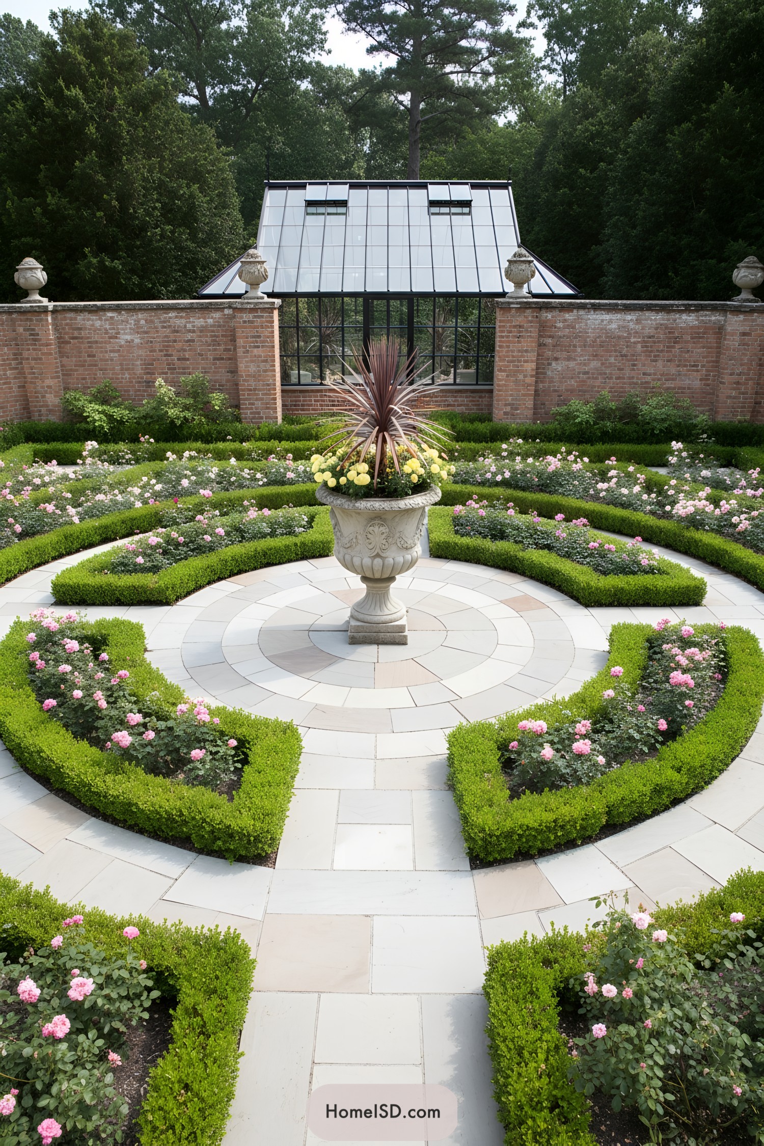 Symmetrical courtyard garden with circular box hedges and roses