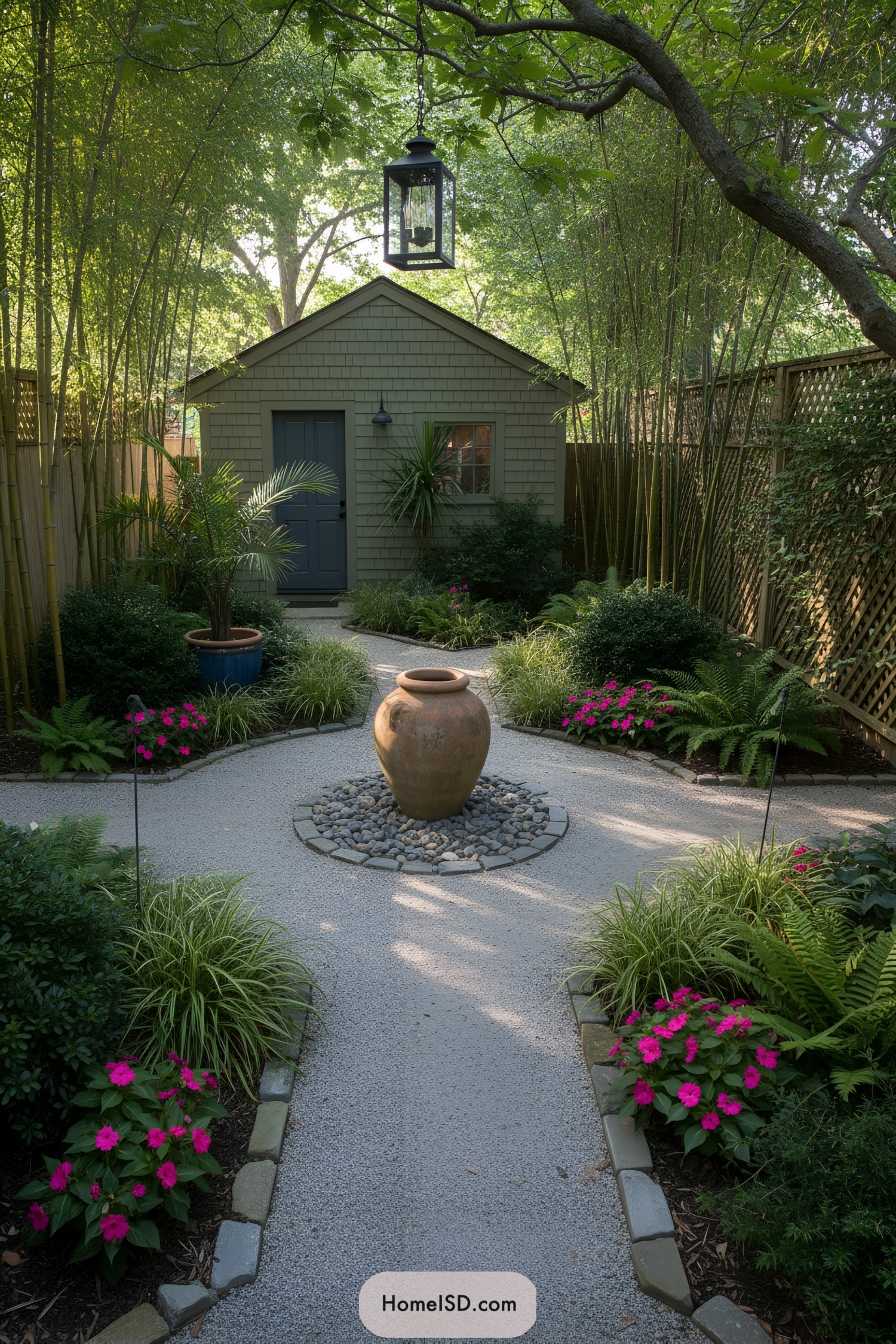 Gravel paths, terracotta urn, lush plantings, garden shed backdrop