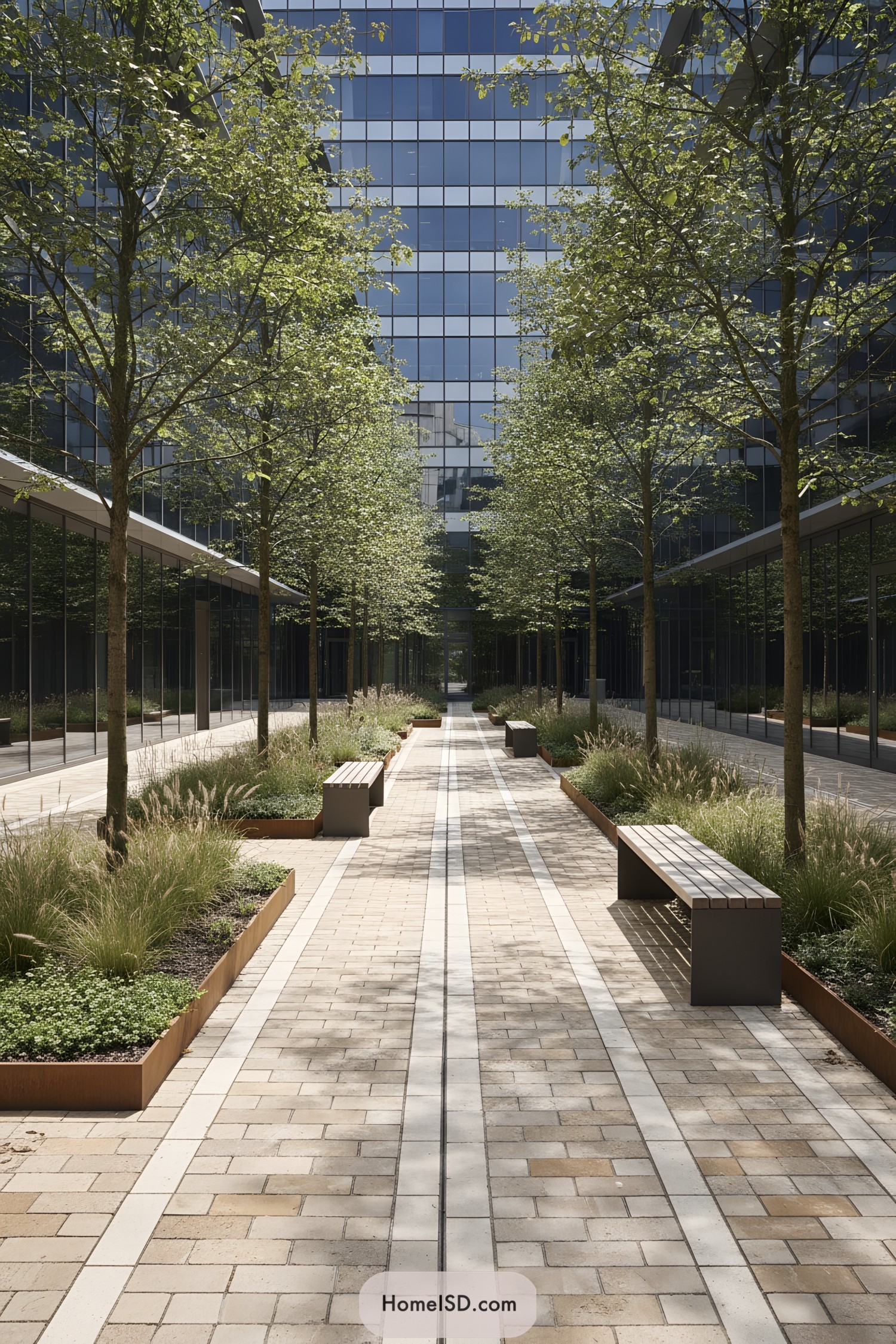 Tree-lined urban courtyard with benches and pavers