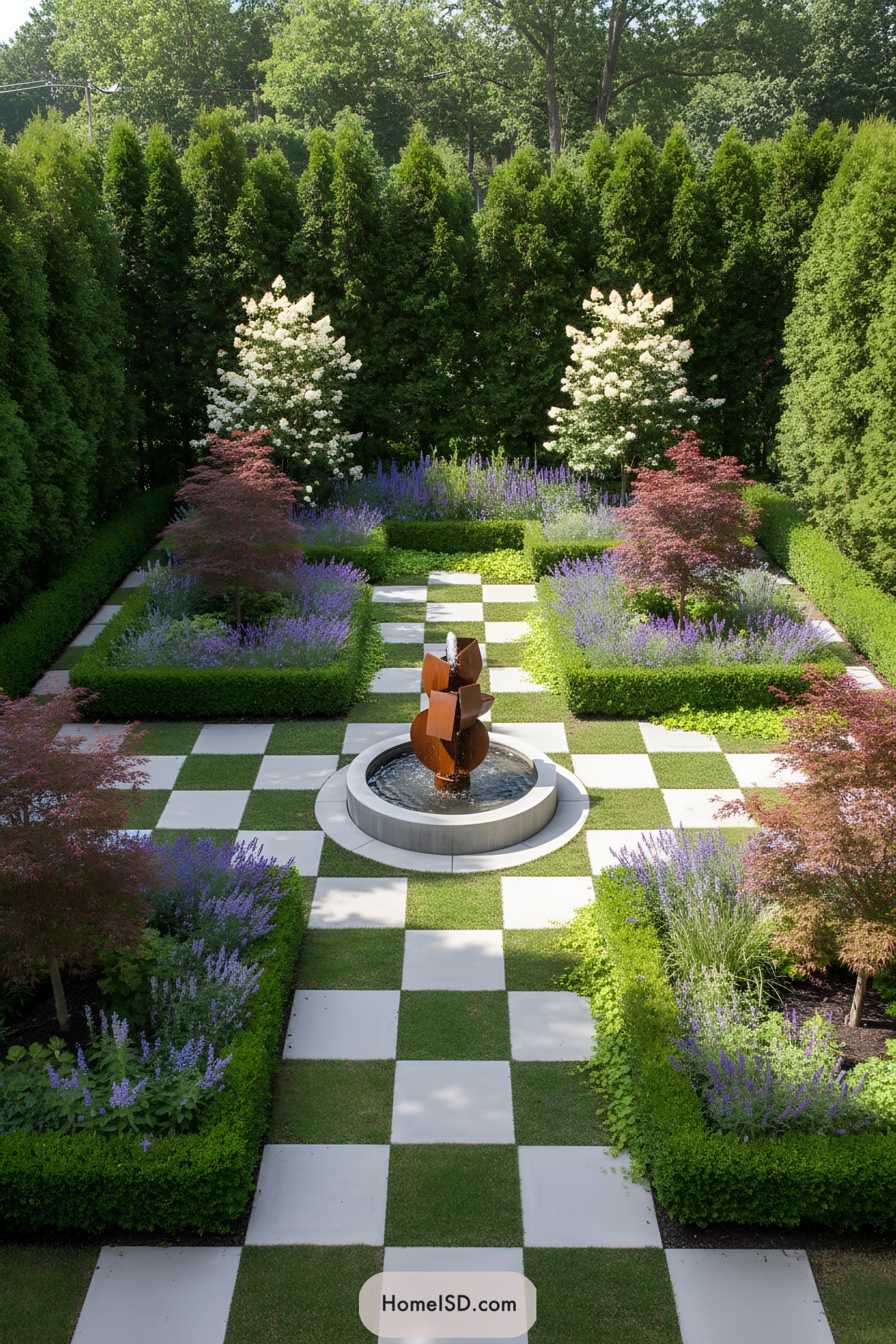 Checkerboard courtyard with central abstract fountain