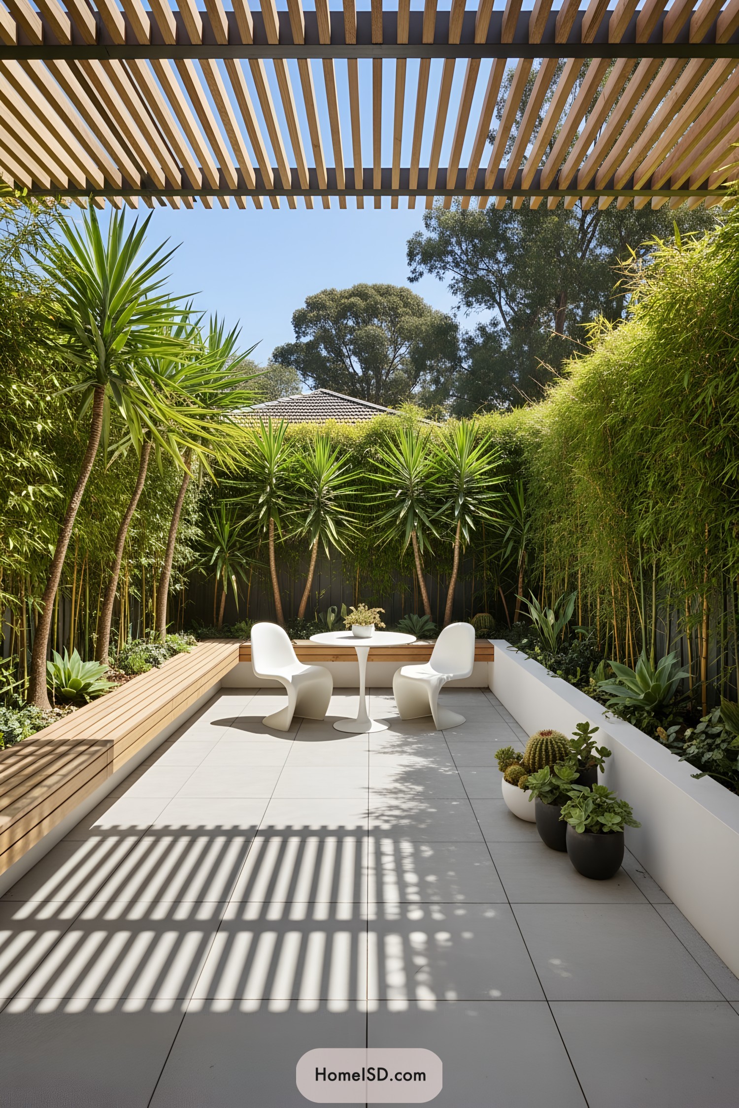 Open-air courtyard with slatted pergola, bamboo walls, and modern seating
