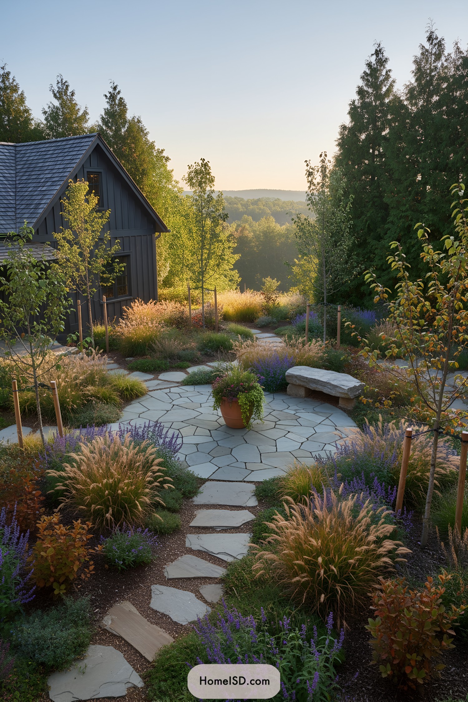 Stone patio courtyard with grasses, salvia, and a rustic bench