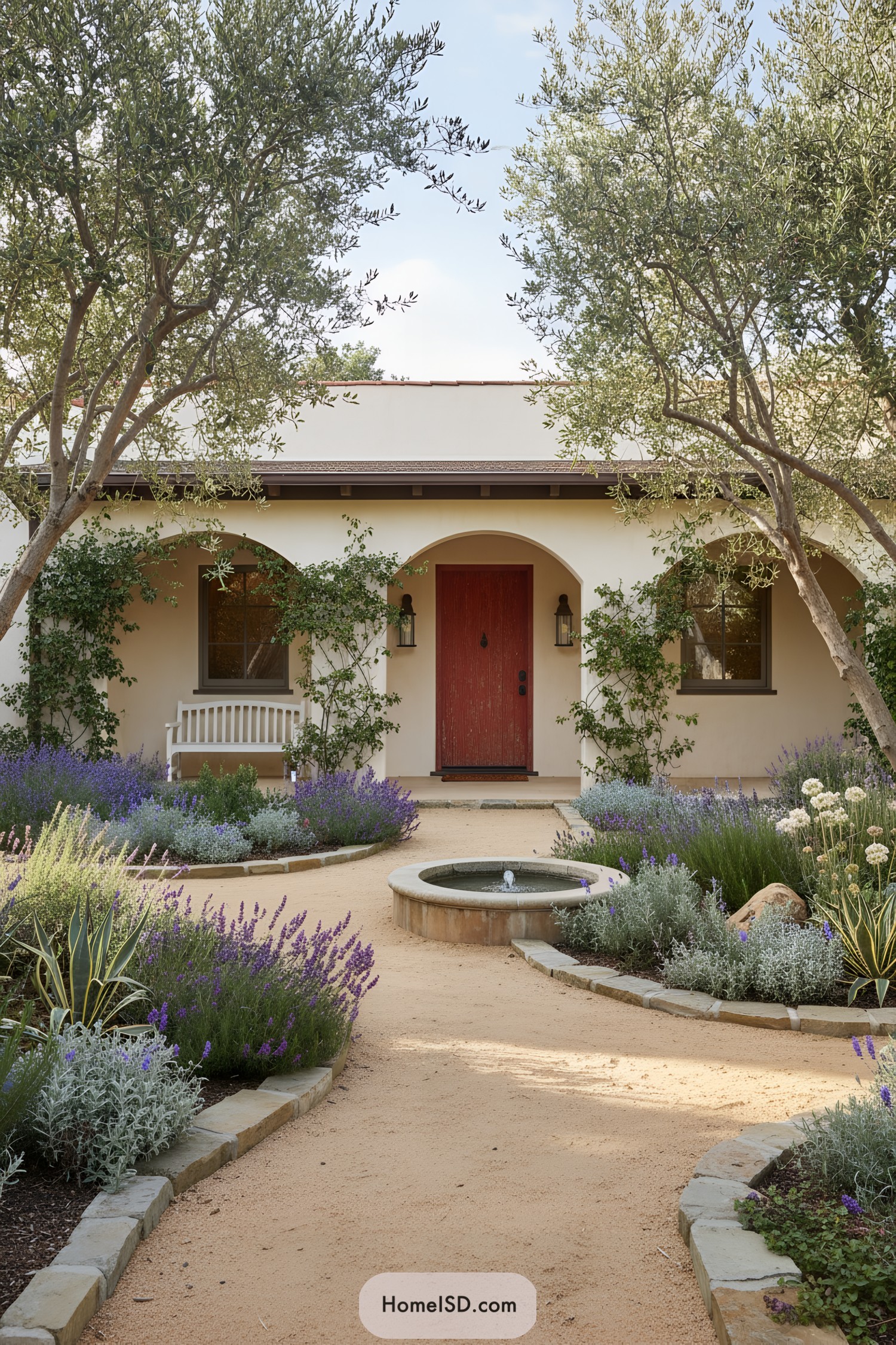 Arched entry courtyard with gravel paths, fountain, and lavender plantings